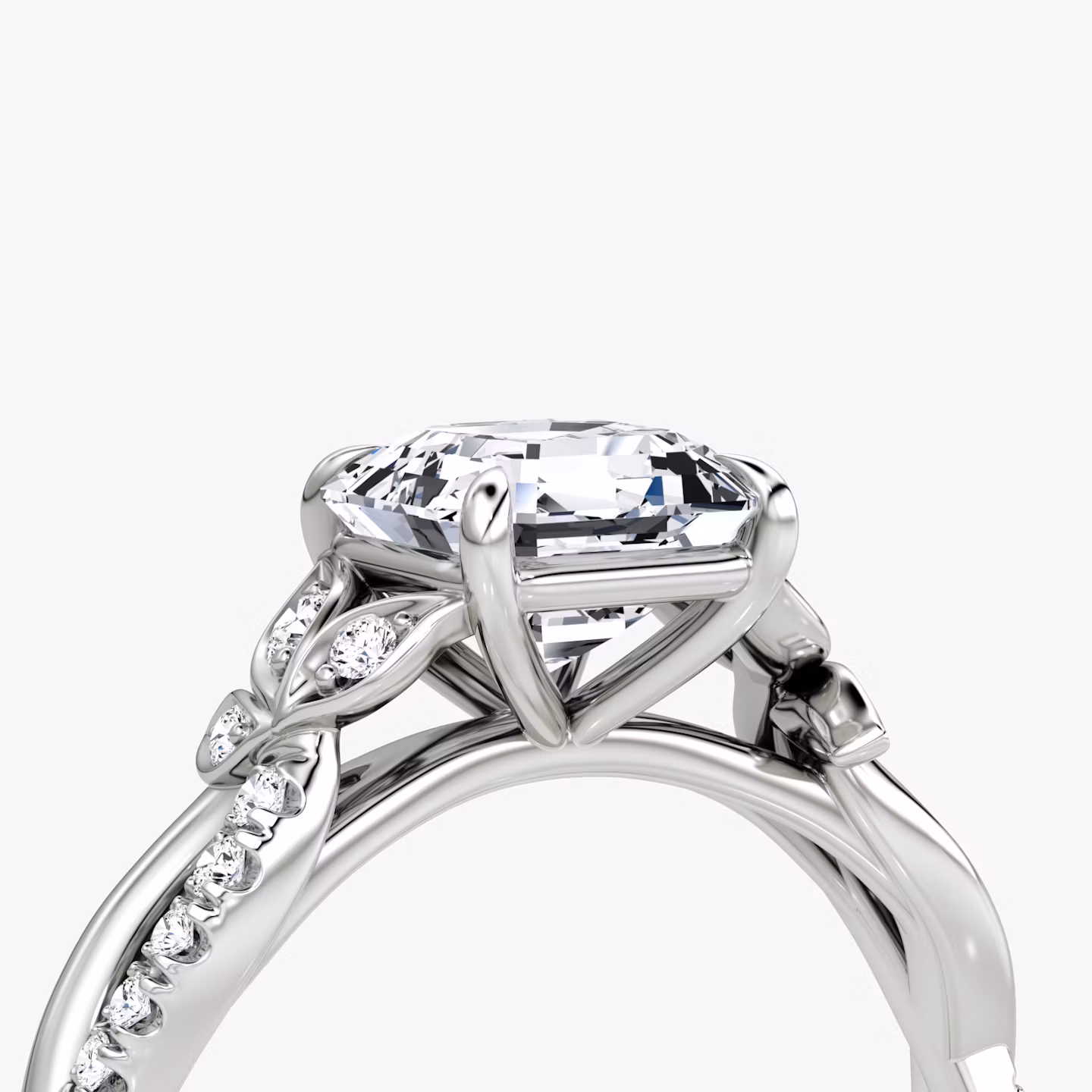 Anillo de compromiso Twisted Floral  | Asscher | 18k | Oro blanco | bandAccent: Pavé | diamondOrientation: vertical | caratWeight: other