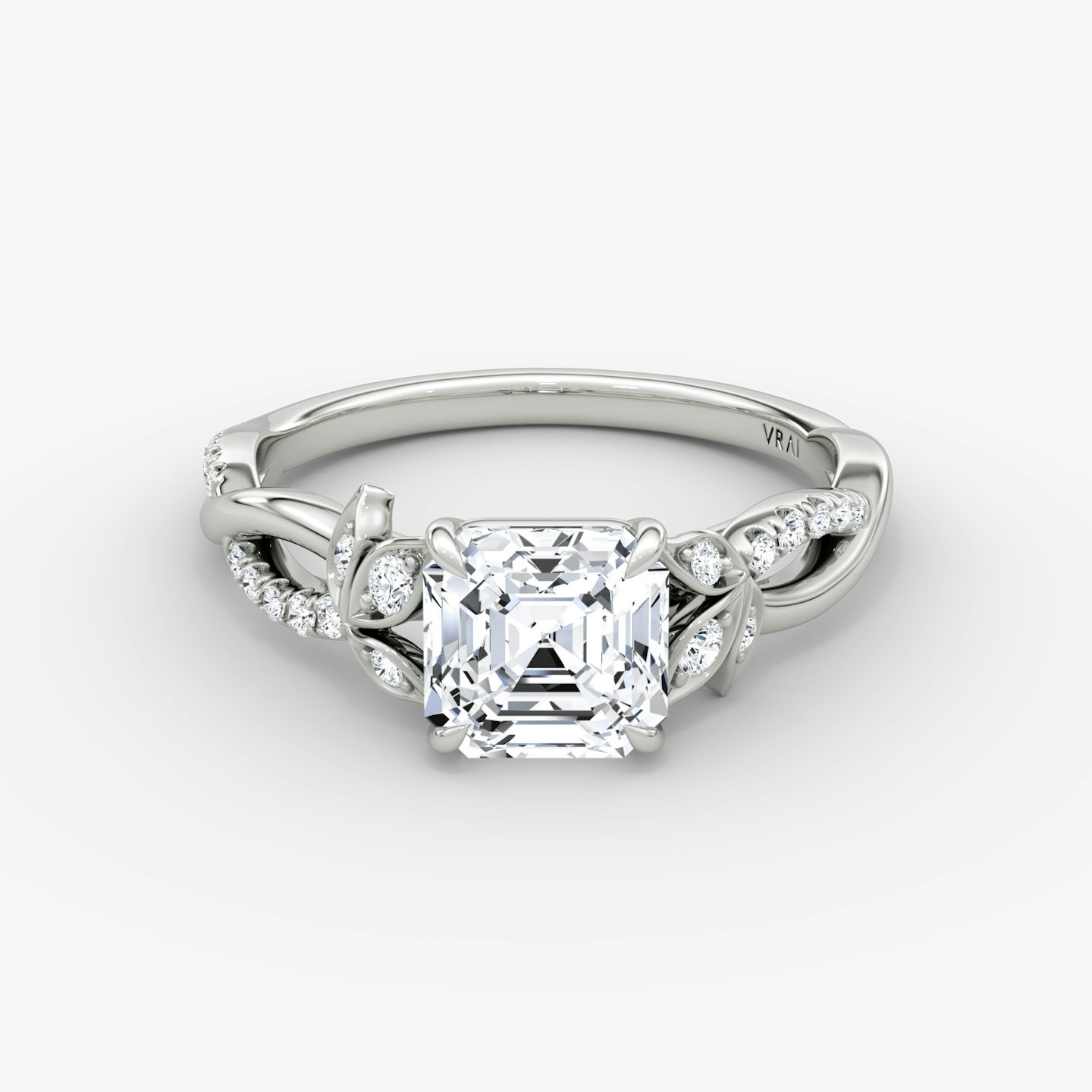 Anillo de compromiso Twisted Floral  | Asscher | 18k | Oro blanco | bandAccent: Pavé | diamondOrientation: vertical | caratWeight: other