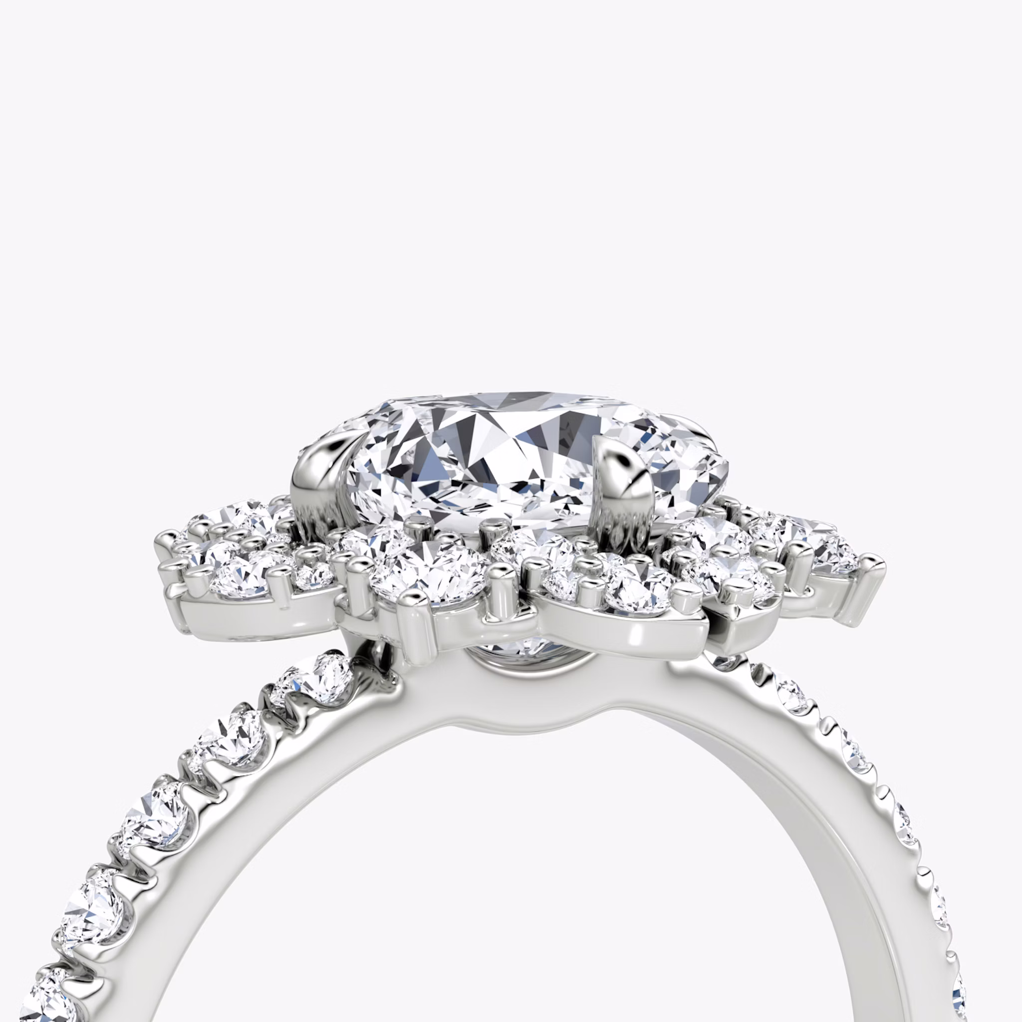 The Carnation | Cushion | Platinum | bandAccent: Pavé | diamondOrientation: vertical | caratWeight: other