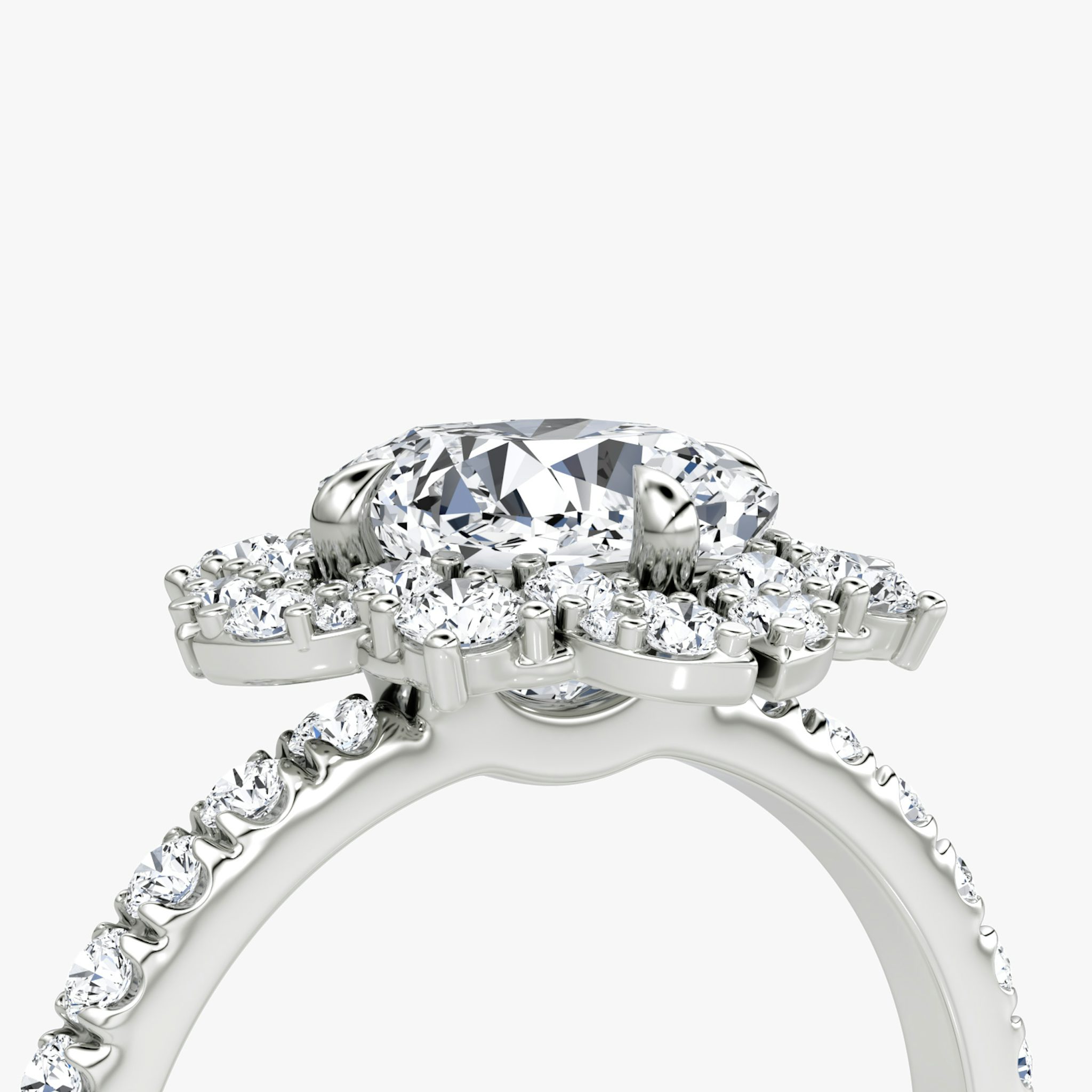 The Carnation | Cushion | Platinum | bandAccent: Pavé | diamondOrientation: vertical | caratWeight: other
