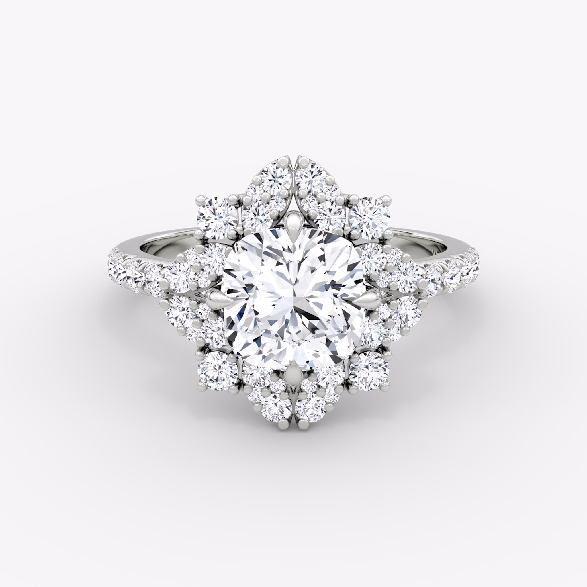 The Carnation | Cushion | Platinum | bandAccent: Pavé | diamondOrientation: vertical | caratWeight: other