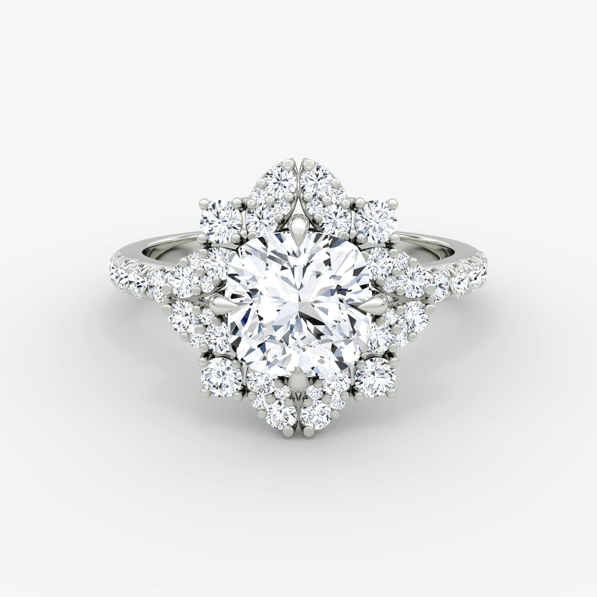 The Carnation | Cushion | Platinum | bandAccent: Pavé | diamondOrientation: vertical | caratWeight: other