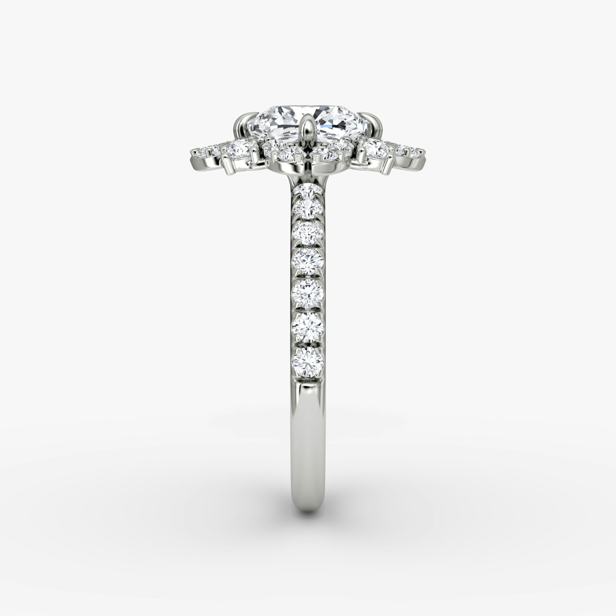 The Carnation | Cushion | Platinum | bandAccent: Pavé | diamondOrientation: vertical | caratWeight: other