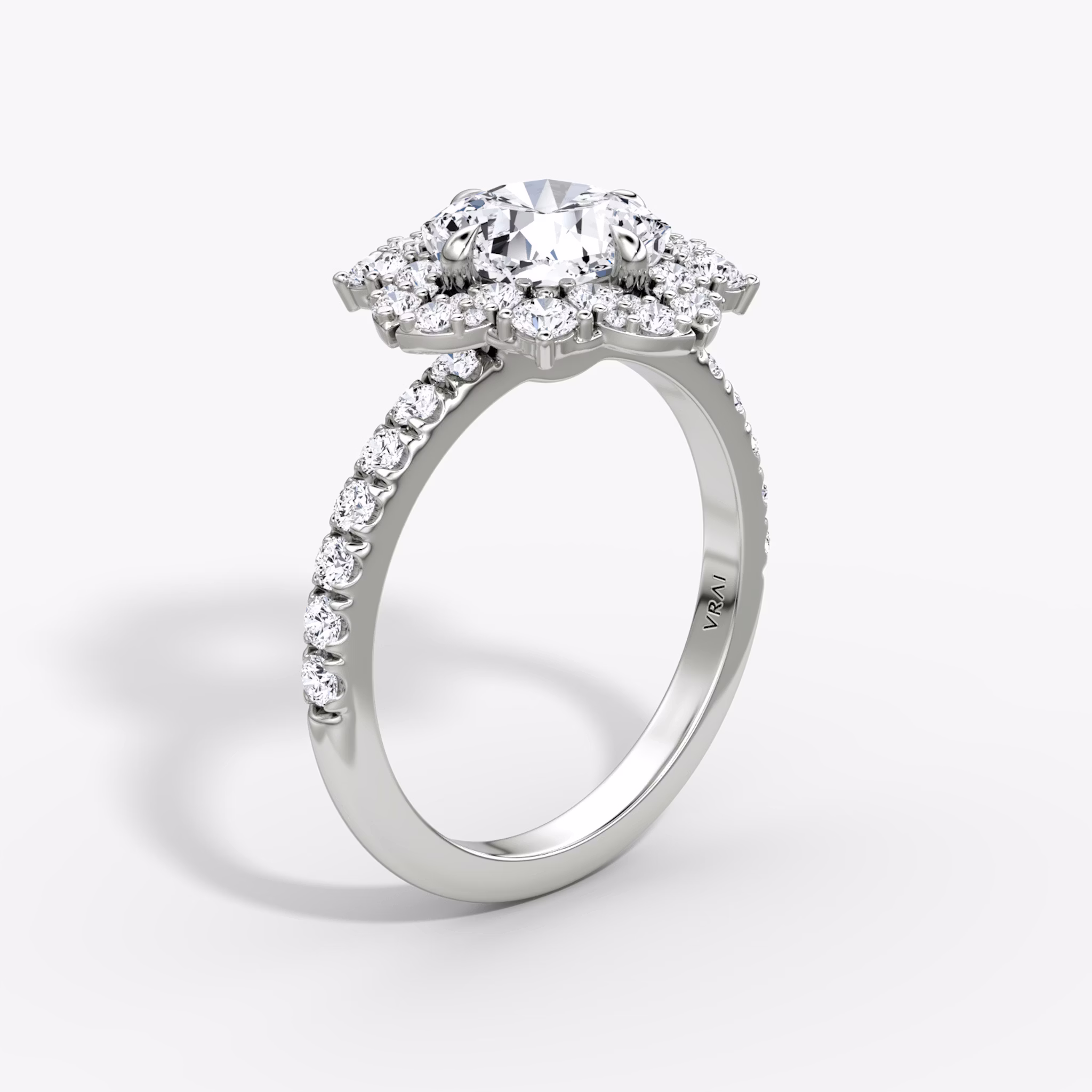 The Carnation | Cushion | Platinum | bandAccent: Pavé | diamondOrientation: vertical | caratWeight: other