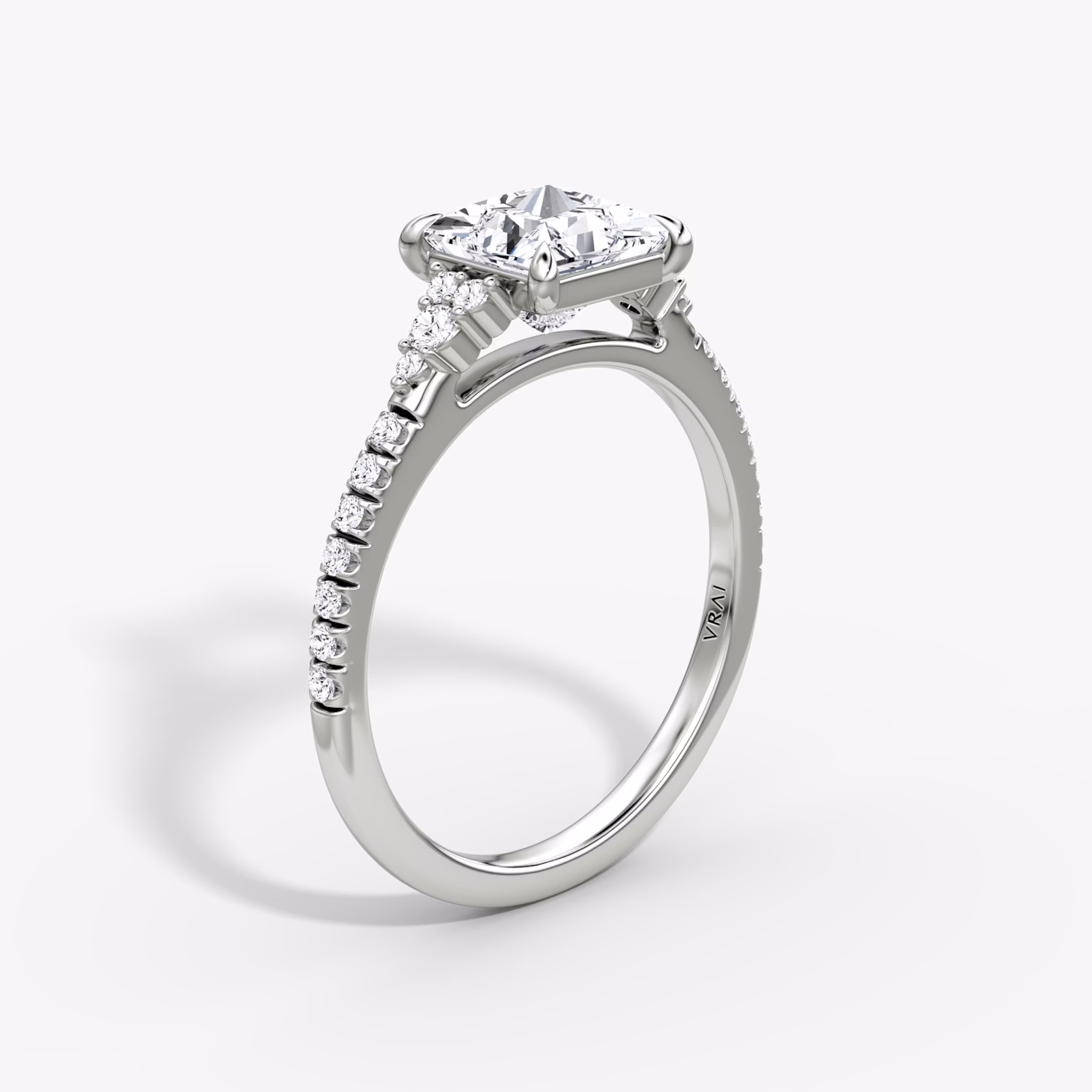 The Side Cluster Cathedral | Princess | 18k | White Gold | bandAccent: Pavé | diamondOrientation: vertical | caratWeight: other