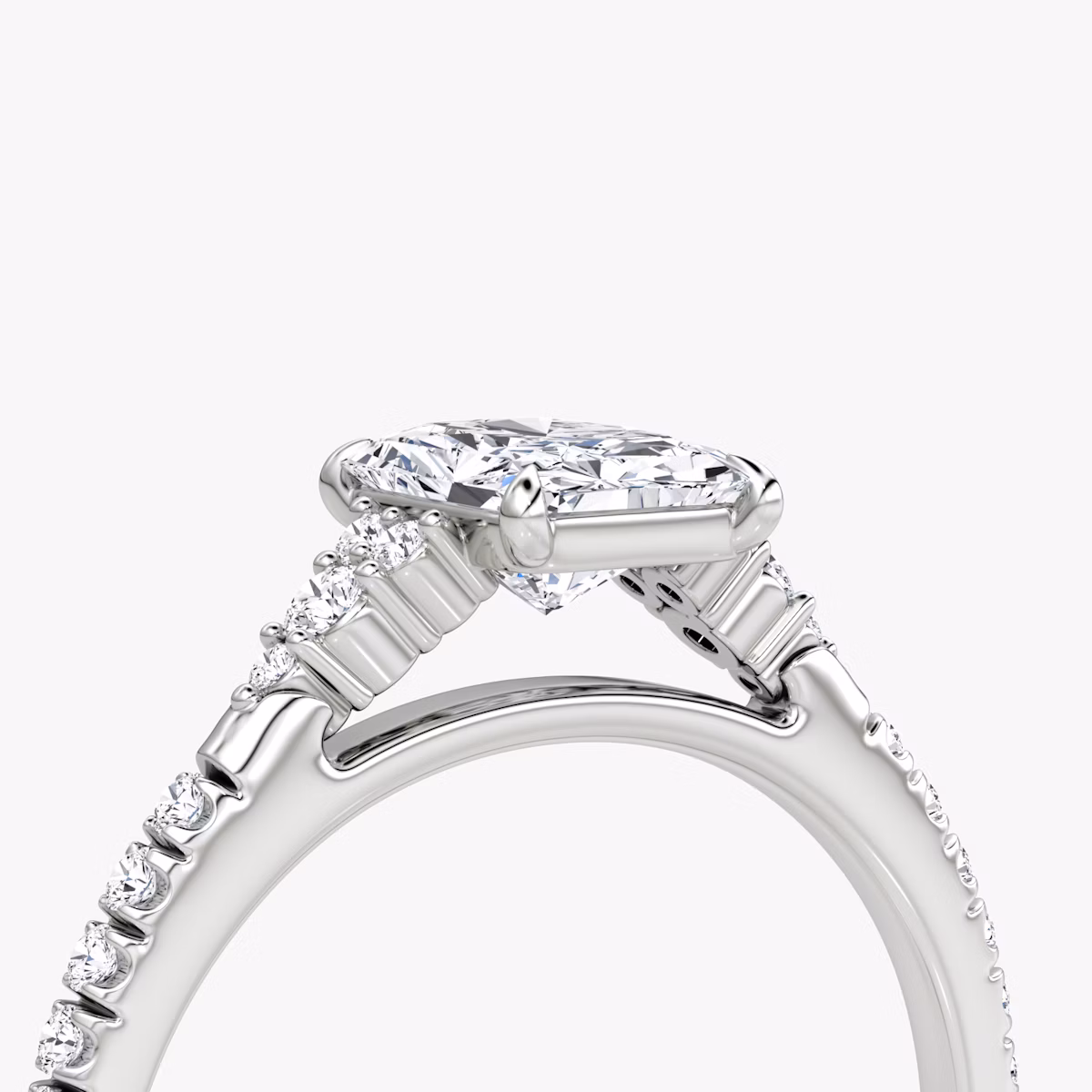 The Side Cluster Cathedral | Radiant | 18k | White Gold | bandAccent: Pavé | diamondOrientation: vertical | caratWeight: other