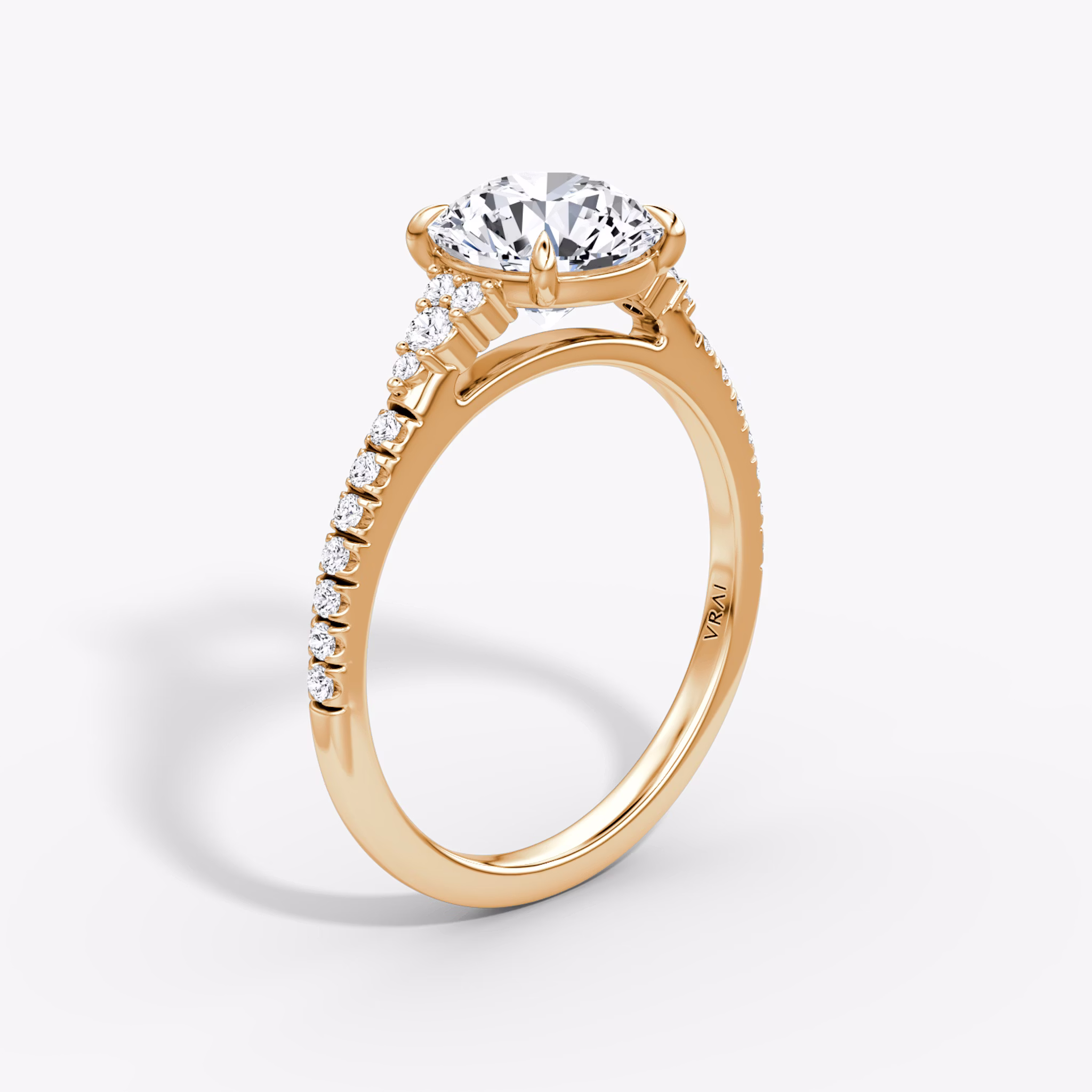 The Side Cluster Cathedral | Round Brilliant | 14k | Rose Gold | bandAccent: Pavé | caratWeight: other | diamondOrientation: vertical