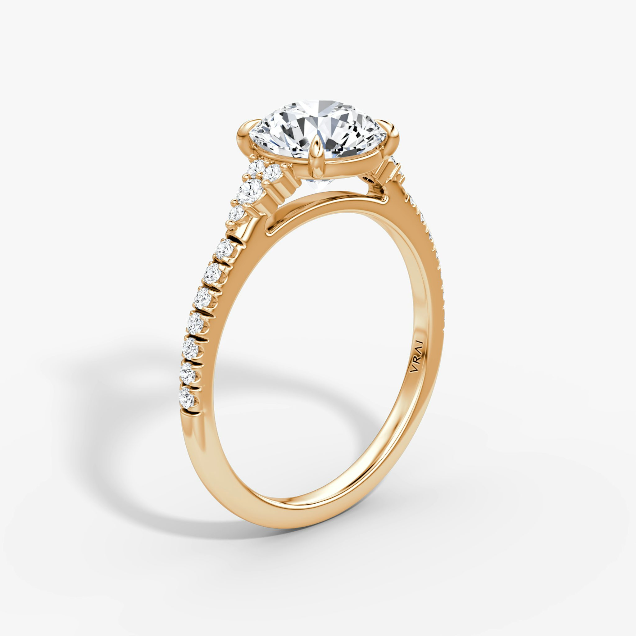 The Side Cluster Cathedral | Round Brilliant | 14k | Rose Gold | bandAccent: Pavé | caratWeight: other | diamondOrientation: vertical