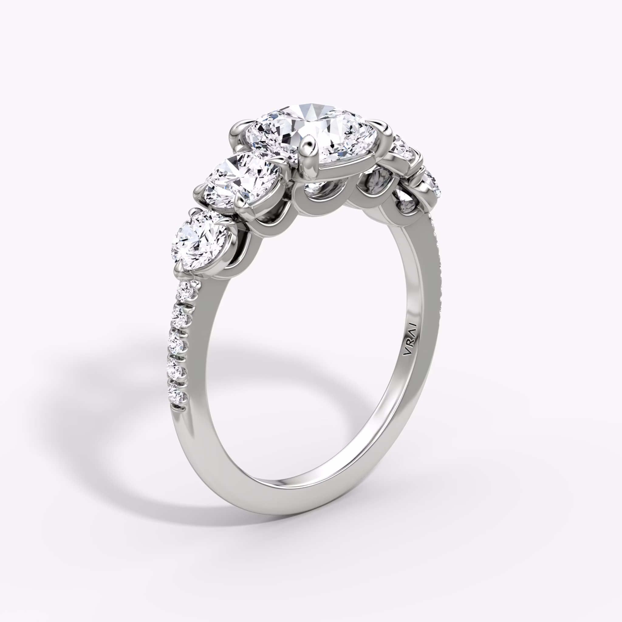 The Signature Five Stone | Cushion | 18k | White Gold | bandAccent: Pavé | diamondOrientation: vertical | caratWeight: other