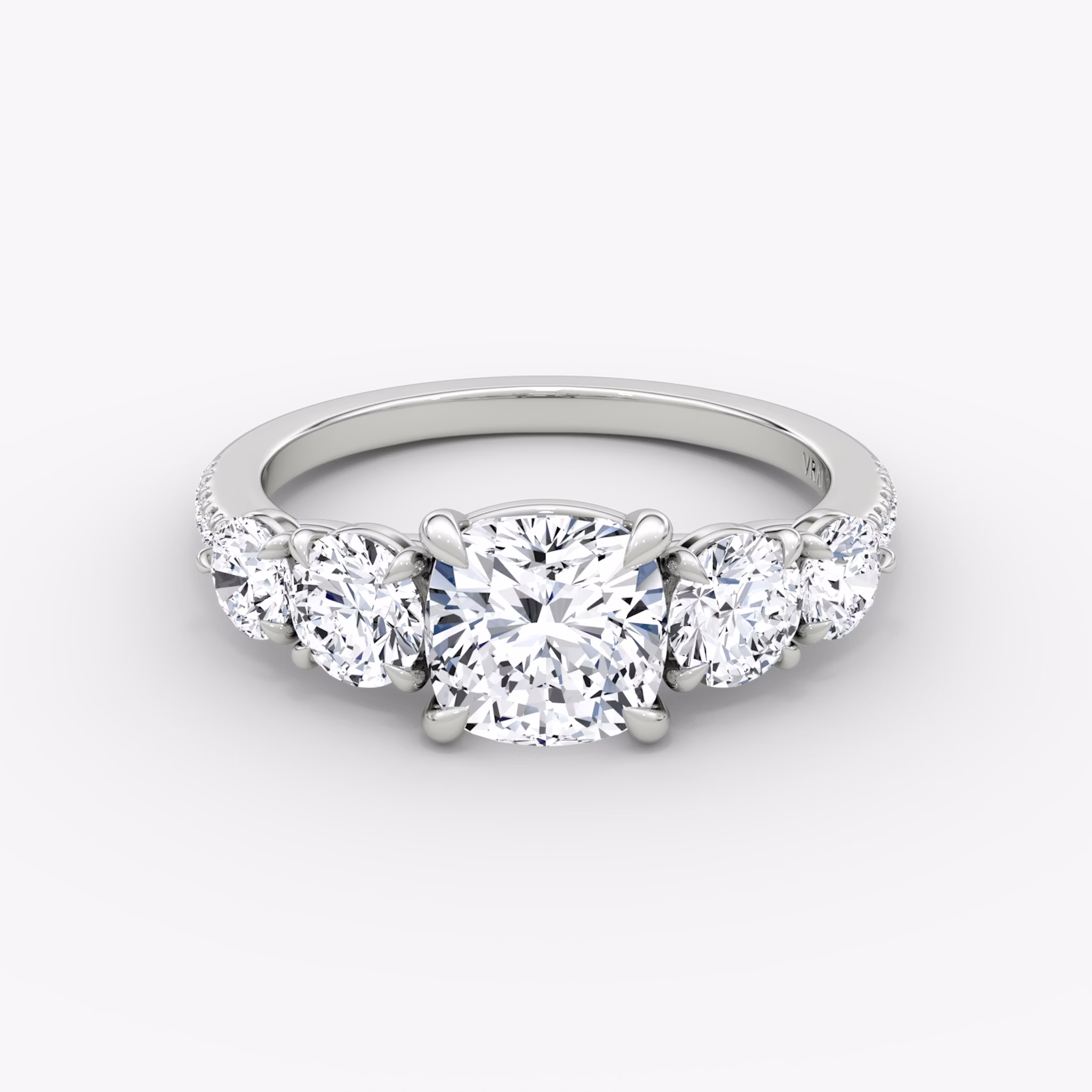 The Signature Five Stone | Cushion | 18k | White Gold | bandAccent: Pavé | diamondOrientation: vertical | caratWeight: other