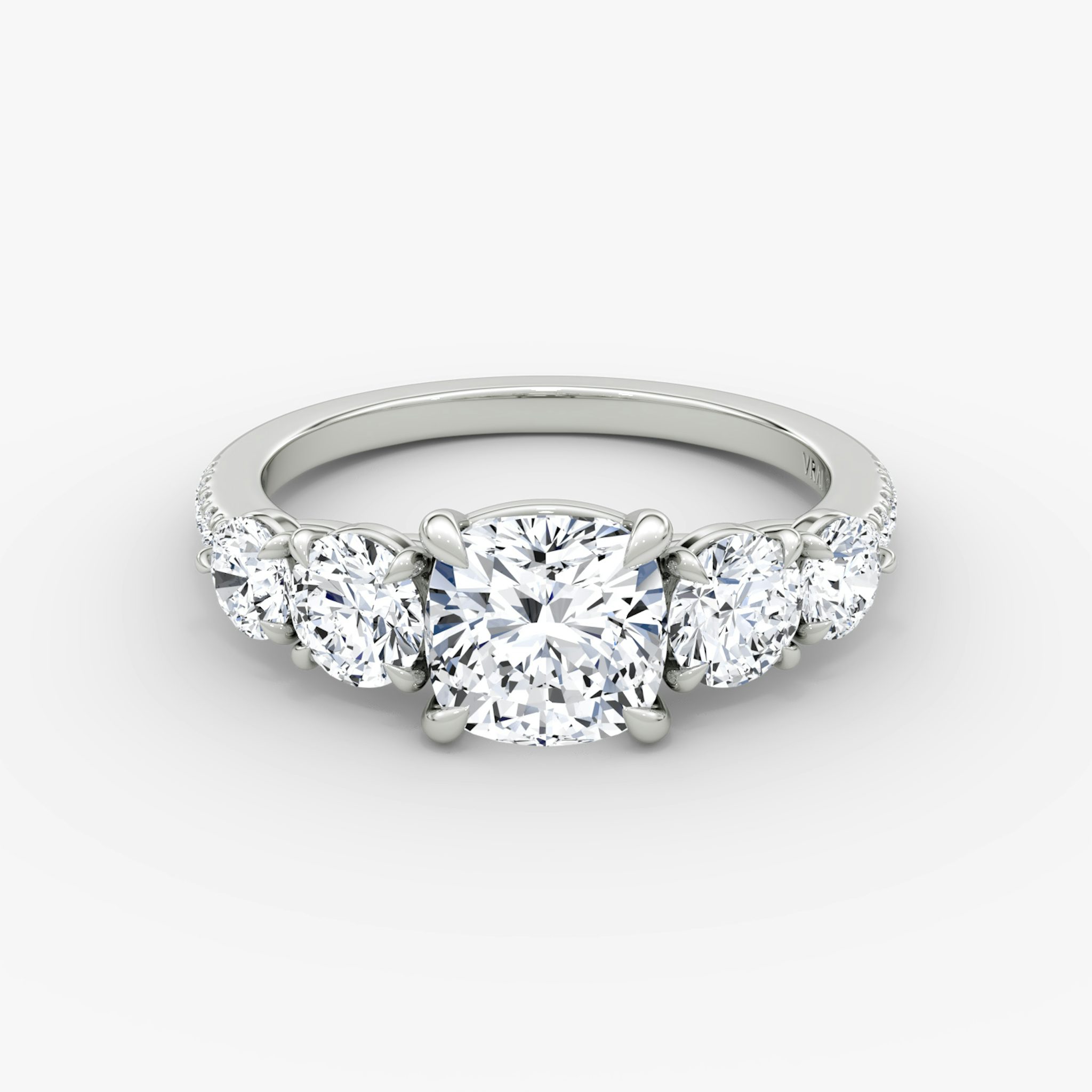 The Signature Five Stone | Cushion | 18k | White Gold | bandAccent: Pavé | diamondOrientation: vertical | caratWeight: other