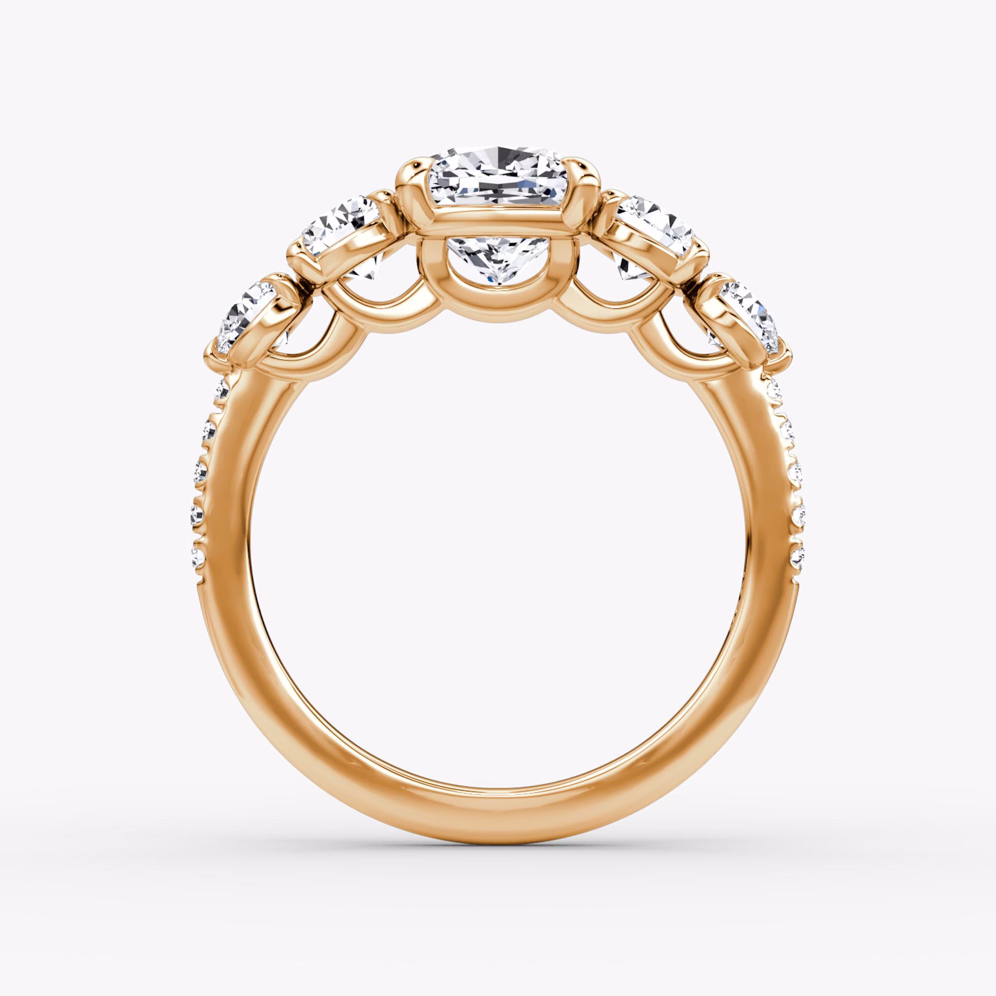 The Signature Five Stone | Cushion | 14k | Rose Gold | bandAccent: Pavé | diamondOrientation: vertical | caratWeight: other