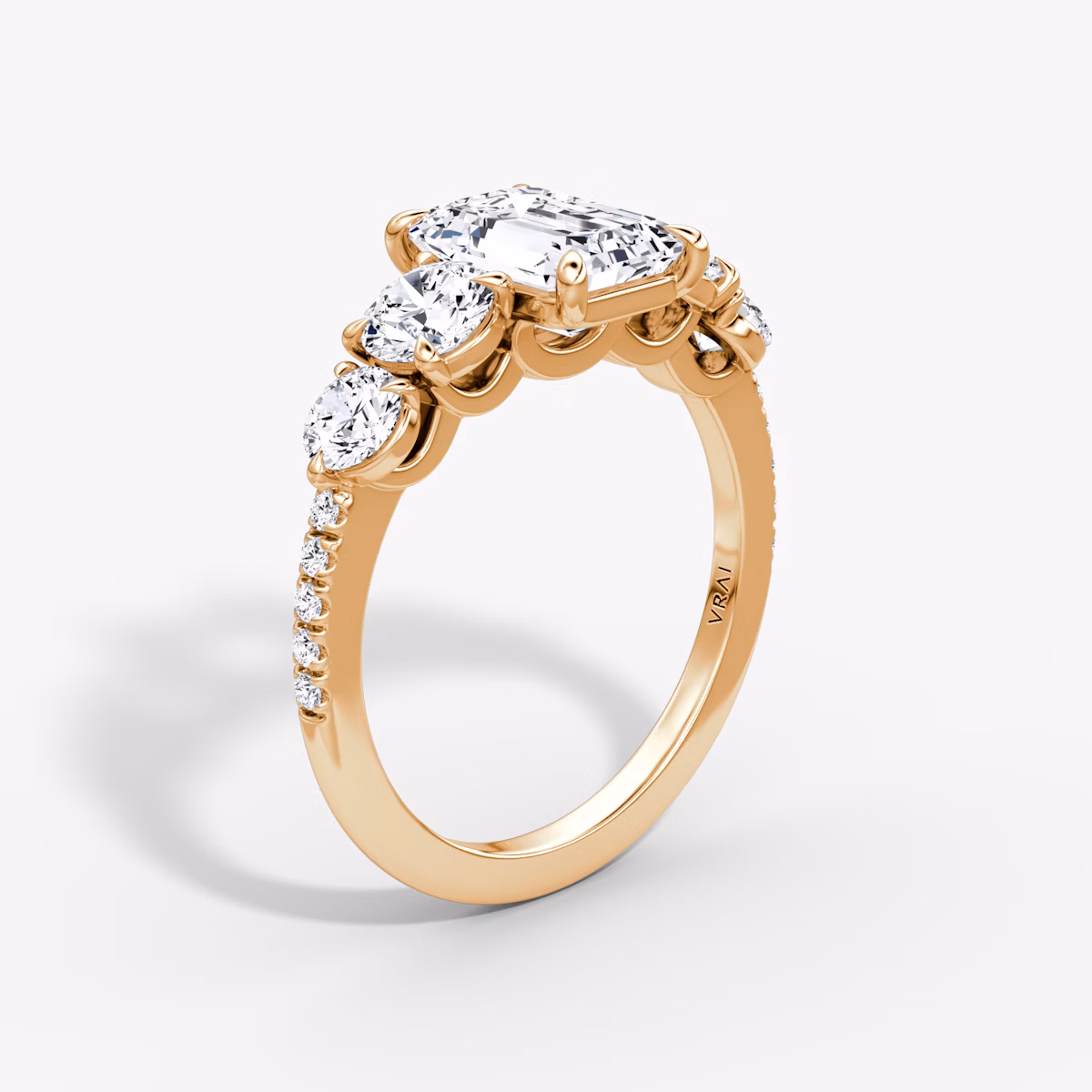 The Signature Five Stone | Emerald | 14k | Rose Gold | bandAccent: Pavé | diamondOrientation: vertical | caratWeight: other