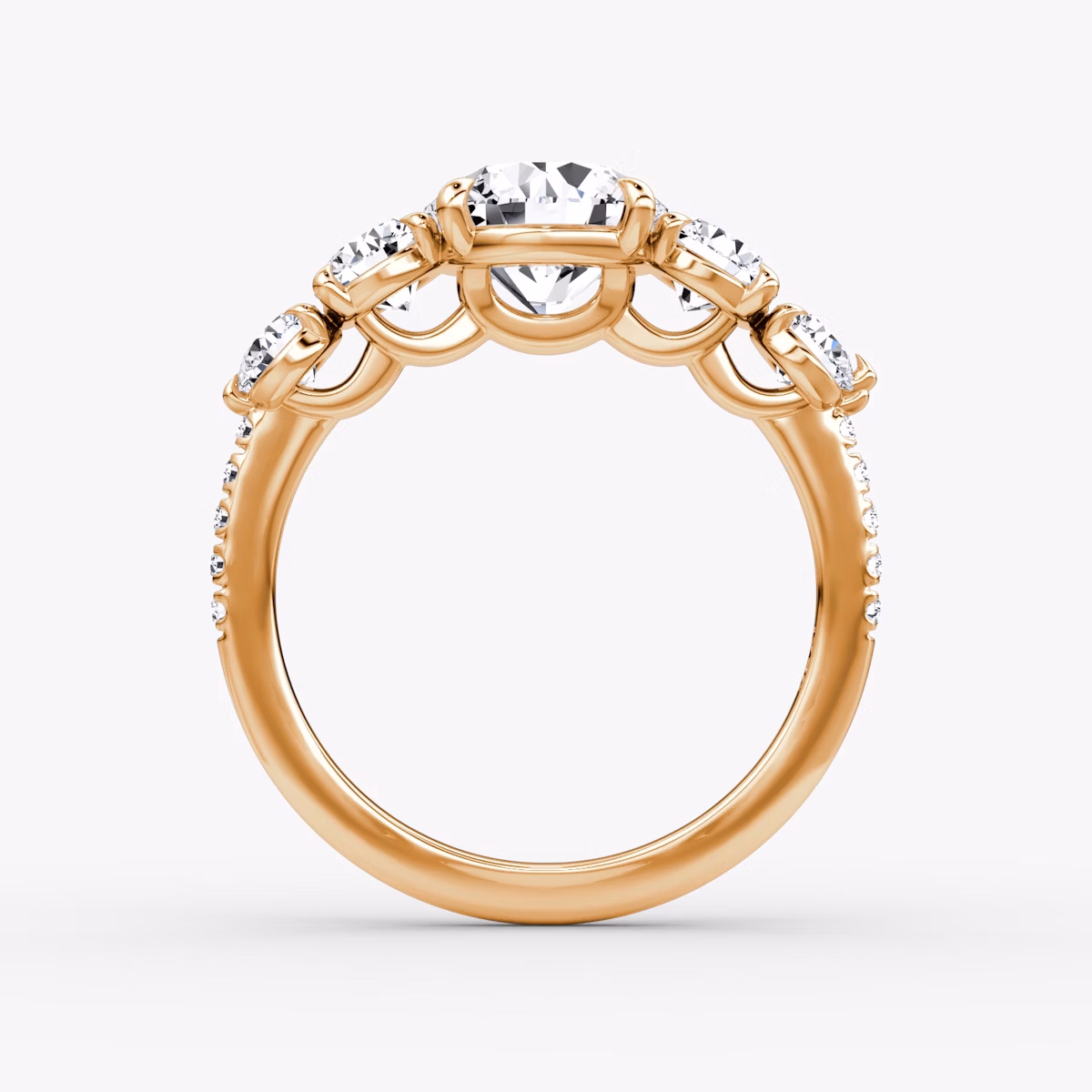 The Signature Five Stone | Round Brilliant | 14k | Rose Gold | bandAccent: Pavé | caratWeight: 1.5ct | diamondOrientation: vertical