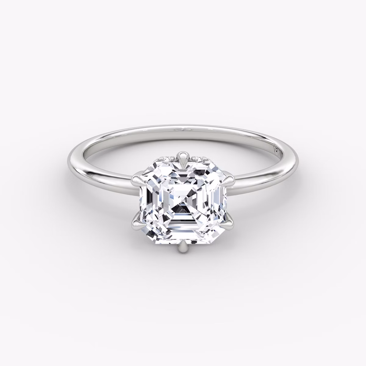 The Signature 6 Prong | Asscher | 18k | White Gold | bandAccent: Plain | bandWidth: standard | hiddenHalo: yes | diamondOrientation: vertical | caratWeight: other