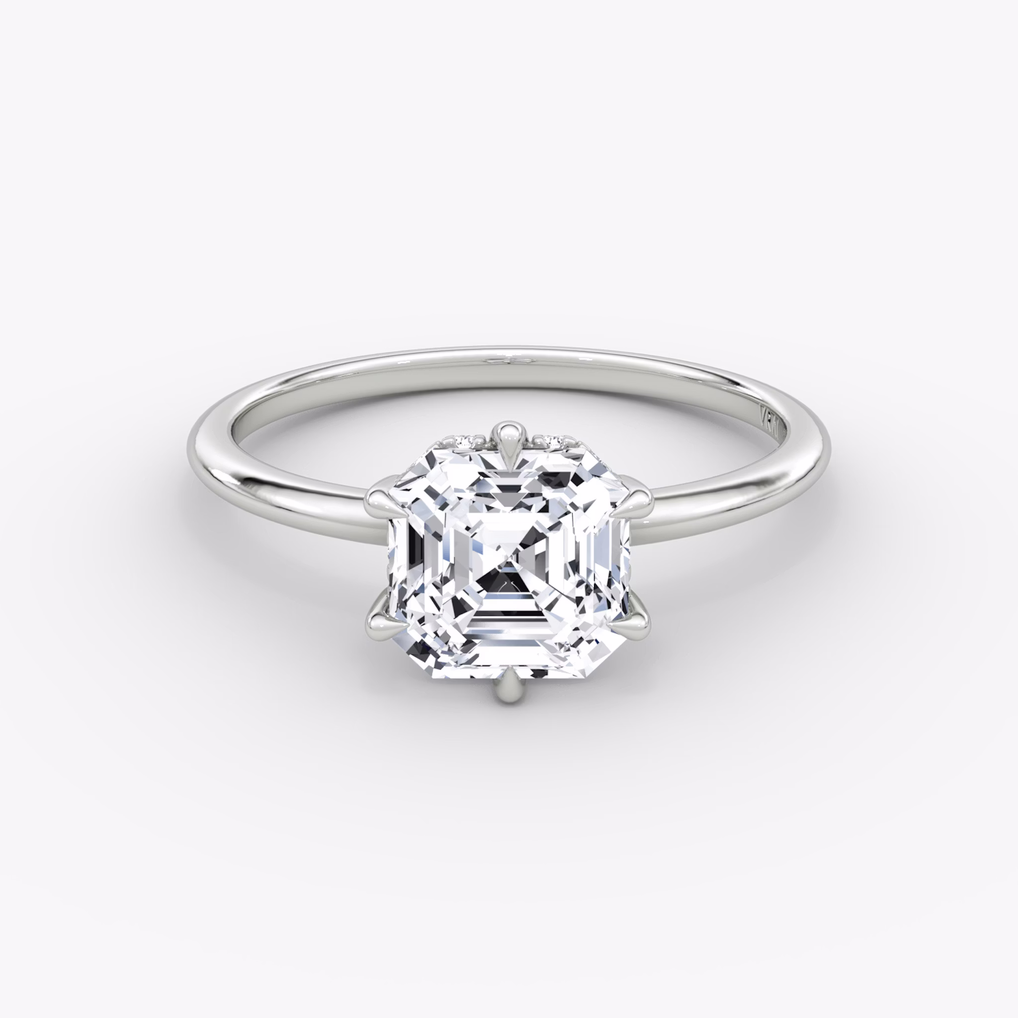 The Signature 6 Prong | Asscher | 18k | White Gold | bandAccent: Plain | bandWidth: standard | hiddenHalo: yes | diamondOrientation: vertical | caratWeight: other