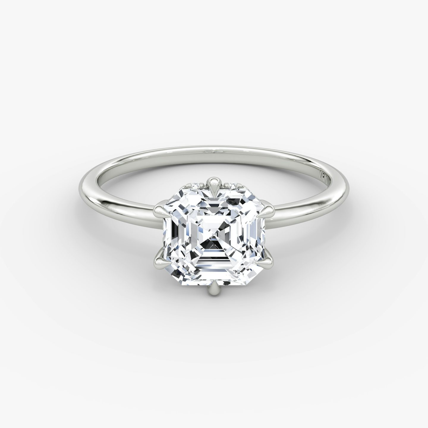 The Signature 6 Prong | Asscher | Platinum | bandAccent: Plain | bandWidth: standard | hiddenHalo: yes | diamondOrientation: vertical | caratWeight: other