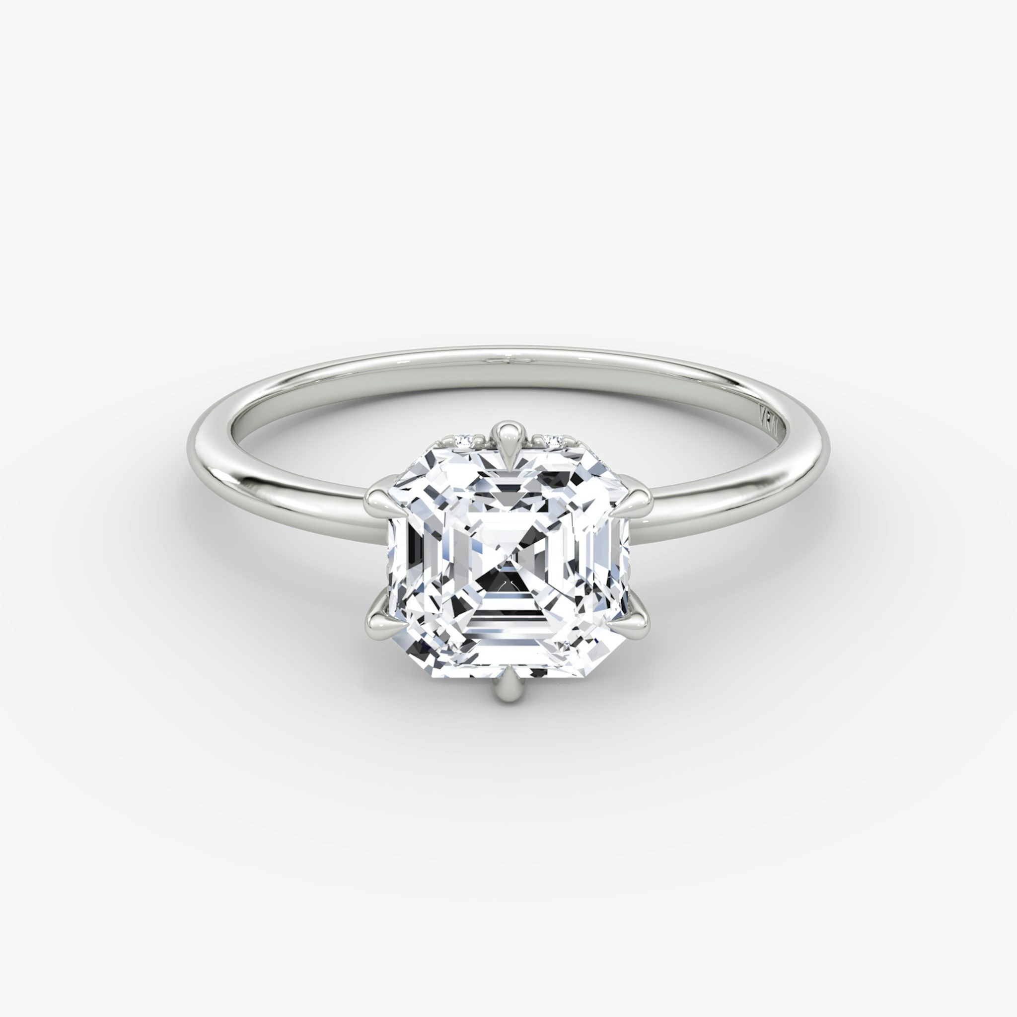 The Signature 6 Prong | Asscher | 18k | White Gold | bandAccent: Plain | bandWidth: standard | hiddenHalo: yes | diamondOrientation: vertical | caratWeight: other