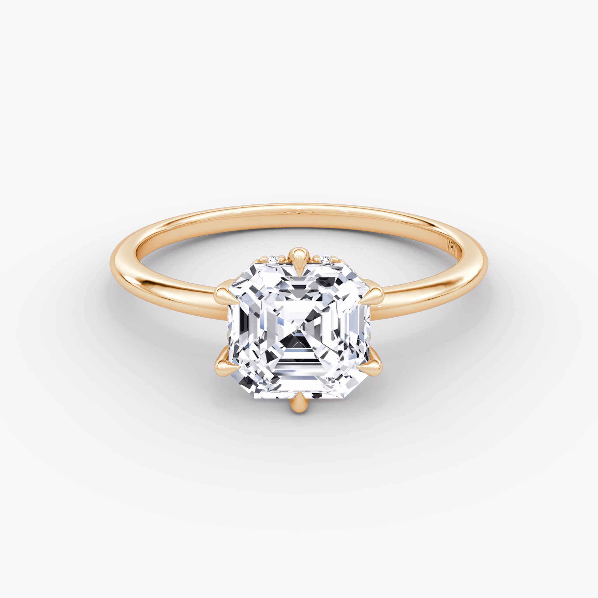 The Signature 6 Prong | Asscher | 14k | Rose Gold | bandAccent: Plain | bandWidth: standard | hiddenHalo: yes | diamondOrientation: vertical | caratWeight: other