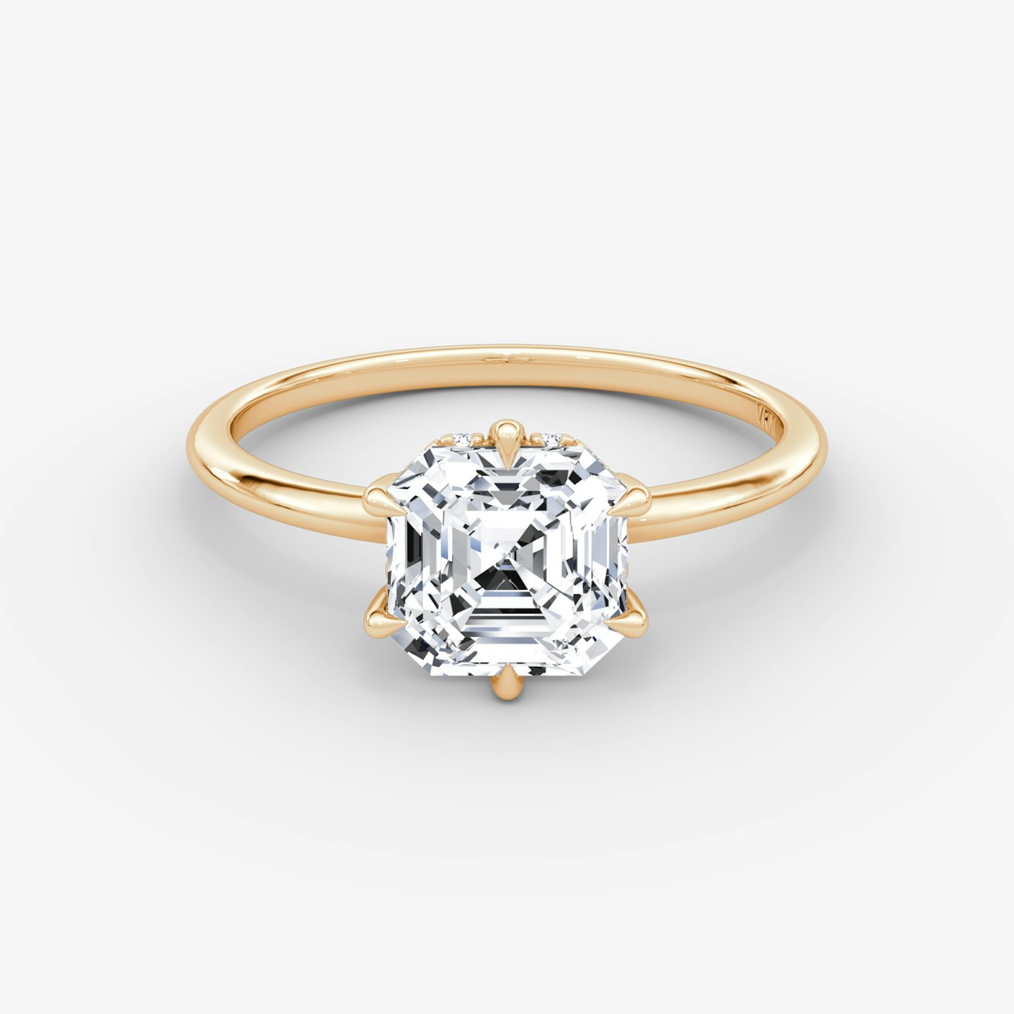 The Signature 6 Prong | Asscher | 14k | Rose Gold | bandAccent: Plain | bandWidth: standard | hiddenHalo: yes | diamondOrientation: vertical | caratWeight: other