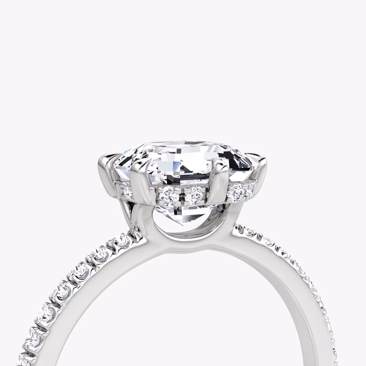 The Signature 6 Prong | Asscher | Platinum | bandAccent: Pavé | bandWidth: standard | hiddenHalo: yes | diamondOrientation: vertical | caratWeight: other