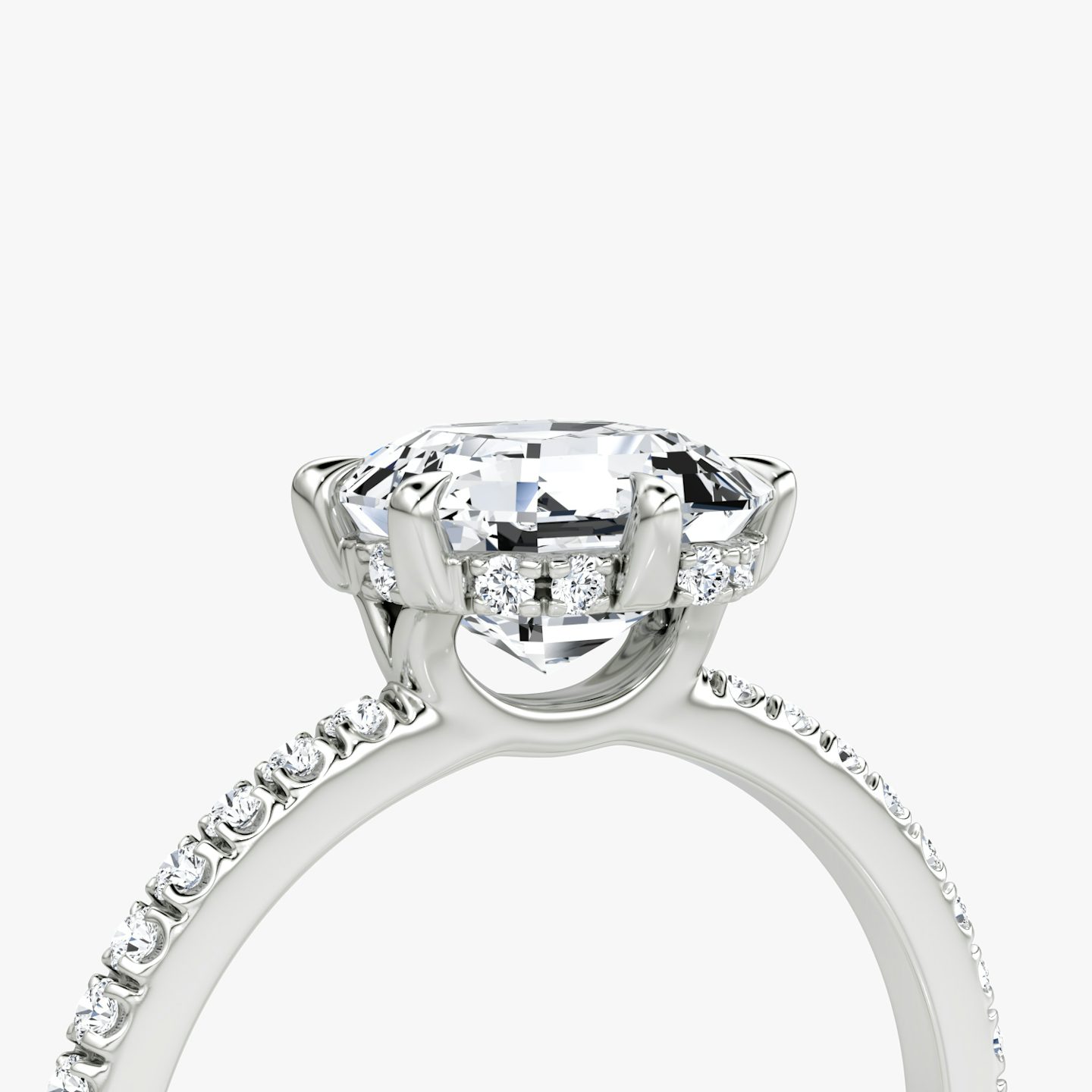 The Signature 6 Prong | Asscher | Platinum | bandAccent: Pavé | bandWidth: standard | hiddenHalo: yes | diamondOrientation: vertical | caratWeight: other
