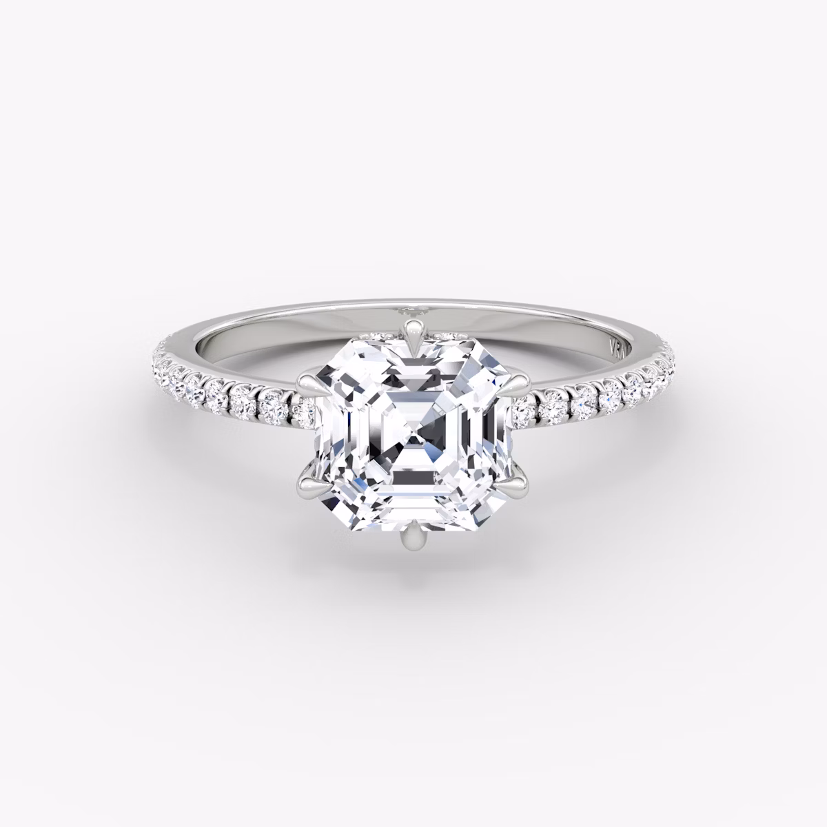The Signature 6 Prong | Asscher | Platinum | bandAccent: Pavé | bandWidth: standard | hiddenHalo: yes | diamondOrientation: vertical | caratWeight: other
