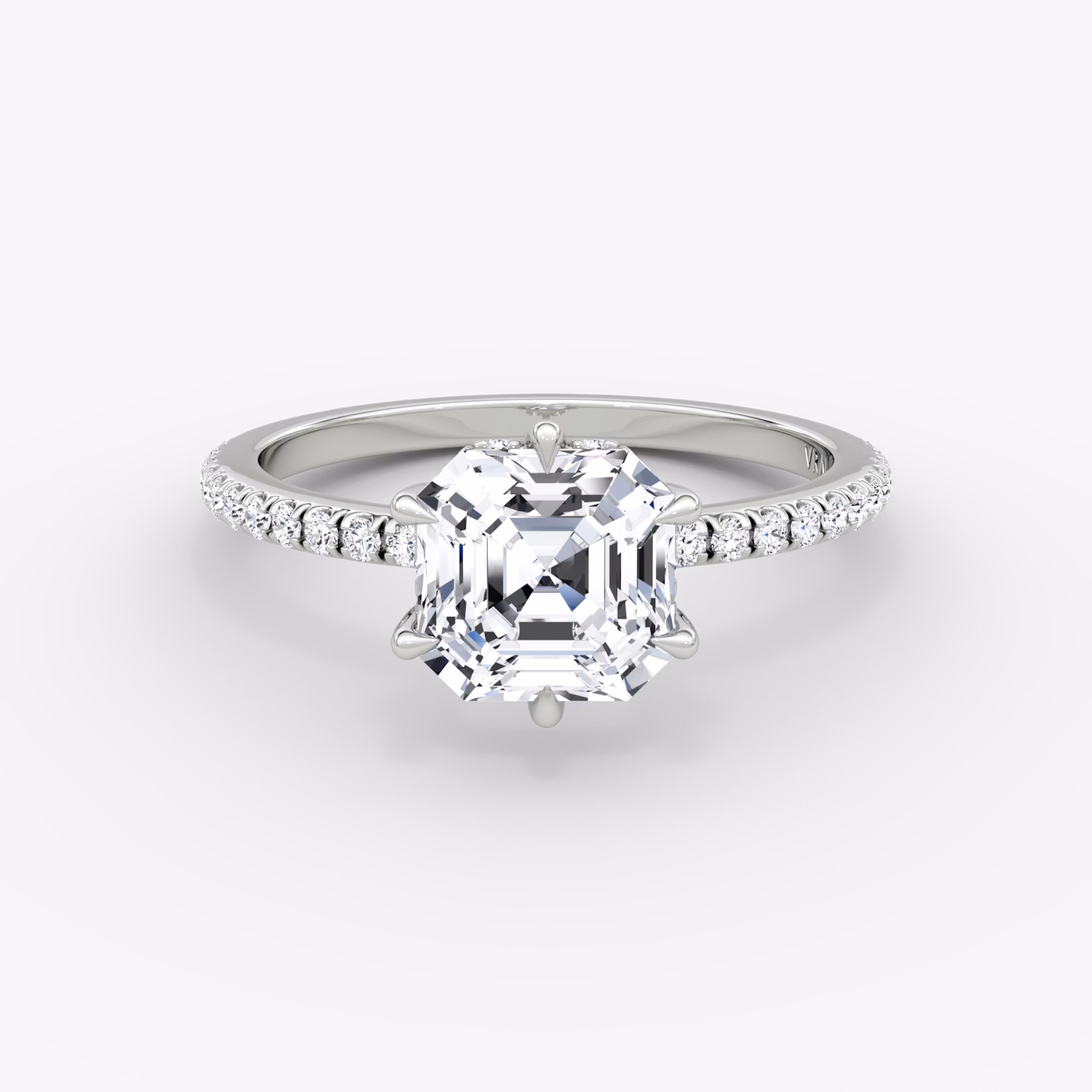 The Signature 6 Prong | Asscher | 18k | White Gold | bandAccent: Pavé | bandWidth: standard | hiddenHalo: yes | diamondOrientation: vertical | caratWeight: other