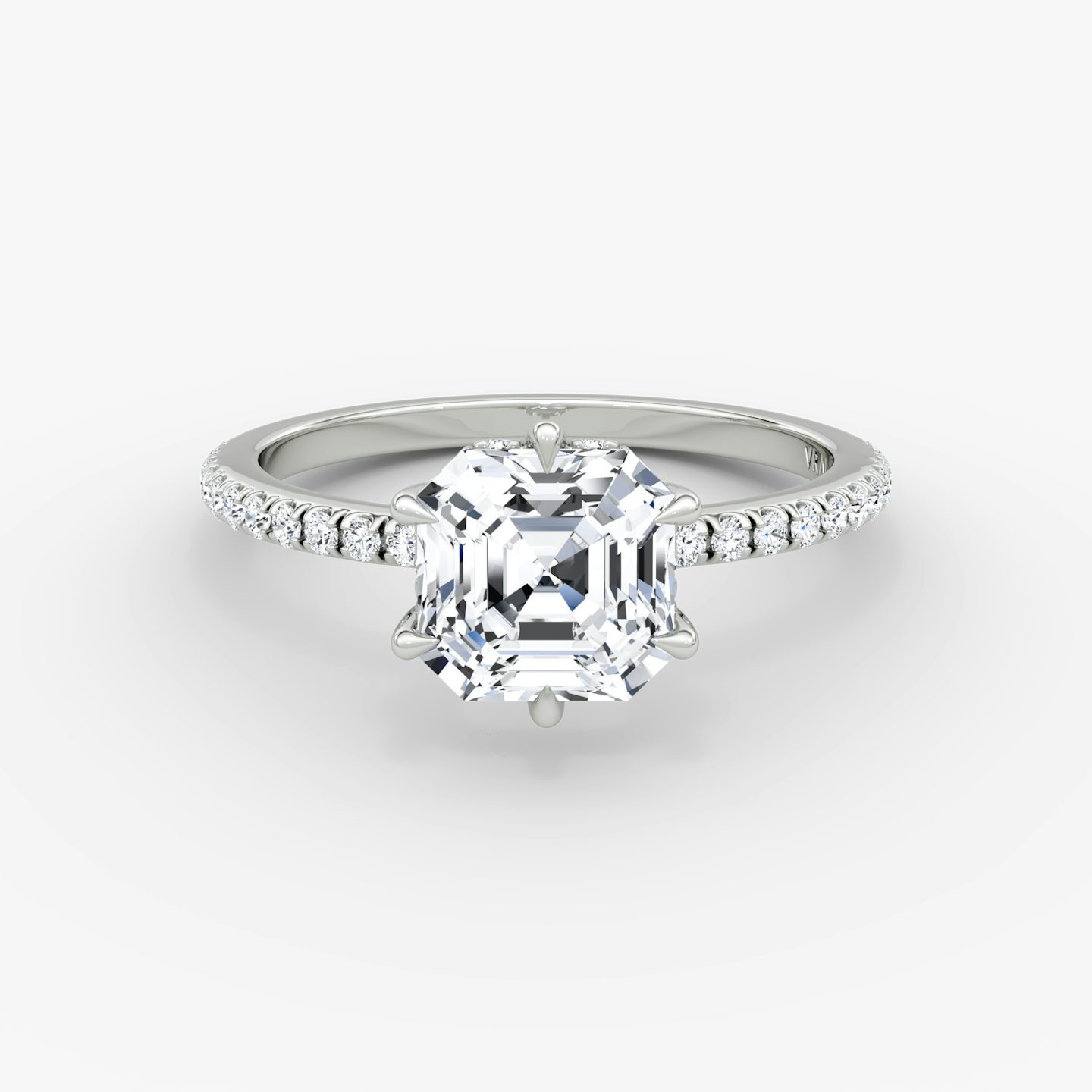 The Signature 6 Prong | Asscher | Platinum | bandAccent: Pavé | bandWidth: standard | hiddenHalo: yes | diamondOrientation: vertical | caratWeight: other