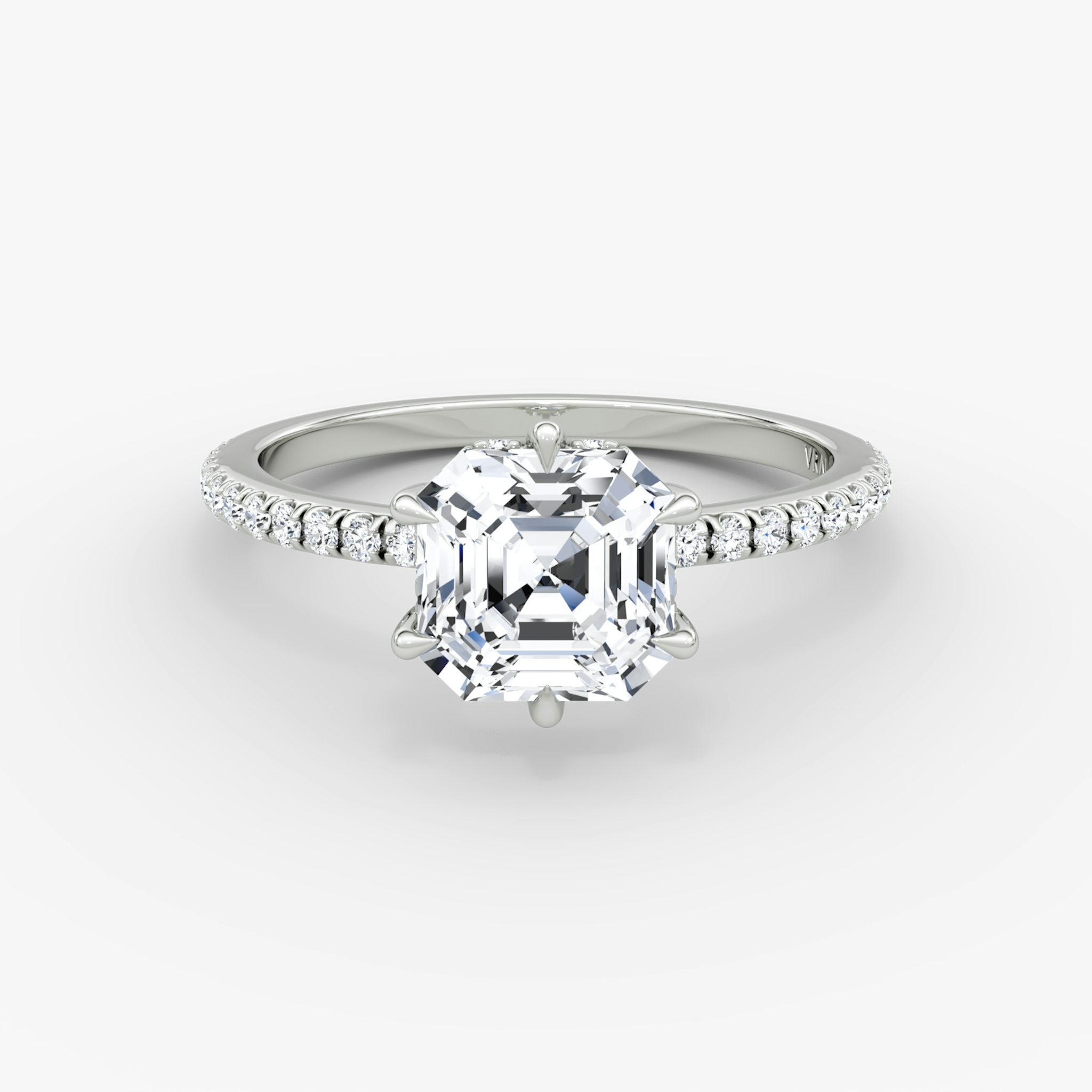 The Signature 6 Prong | Asscher | 18k | White Gold | bandAccent: Pavé | bandWidth: standard | hiddenHalo: yes | diamondOrientation: vertical | caratWeight: other