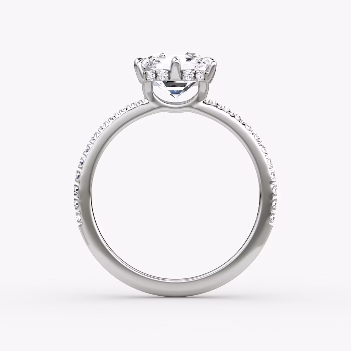 The Signature 6 Prong | Asscher | Platinum | bandAccent: Pavé | bandWidth: standard | hiddenHalo: yes | diamondOrientation: vertical | caratWeight: other