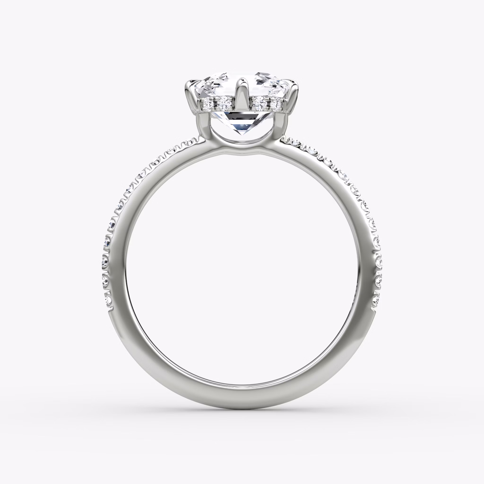 The Signature 6 Prong | Asscher | 18k | White Gold | bandAccent: Pavé | bandWidth: standard | hiddenHalo: yes | diamondOrientation: vertical | caratWeight: other