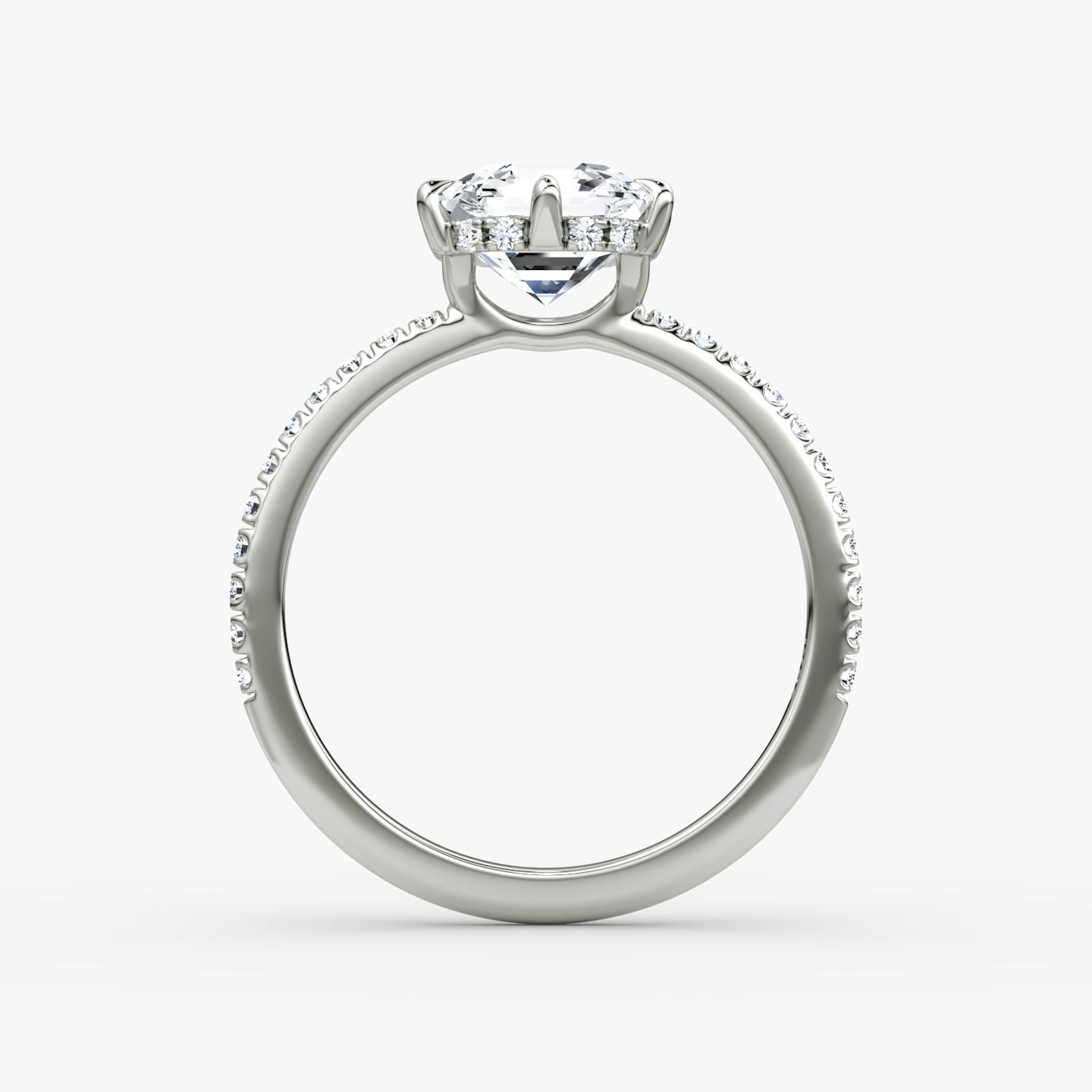 The Signature 6 Prong | Asscher | Platinum | bandAccent: Pavé | bandWidth: standard | hiddenHalo: yes | diamondOrientation: vertical | caratWeight: other