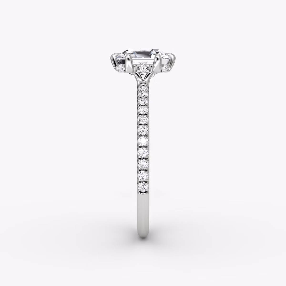 The Signature 6 Prong | Asscher | Platinum | bandAccent: Pavé | bandWidth: standard | hiddenHalo: yes | diamondOrientation: vertical | caratWeight: other