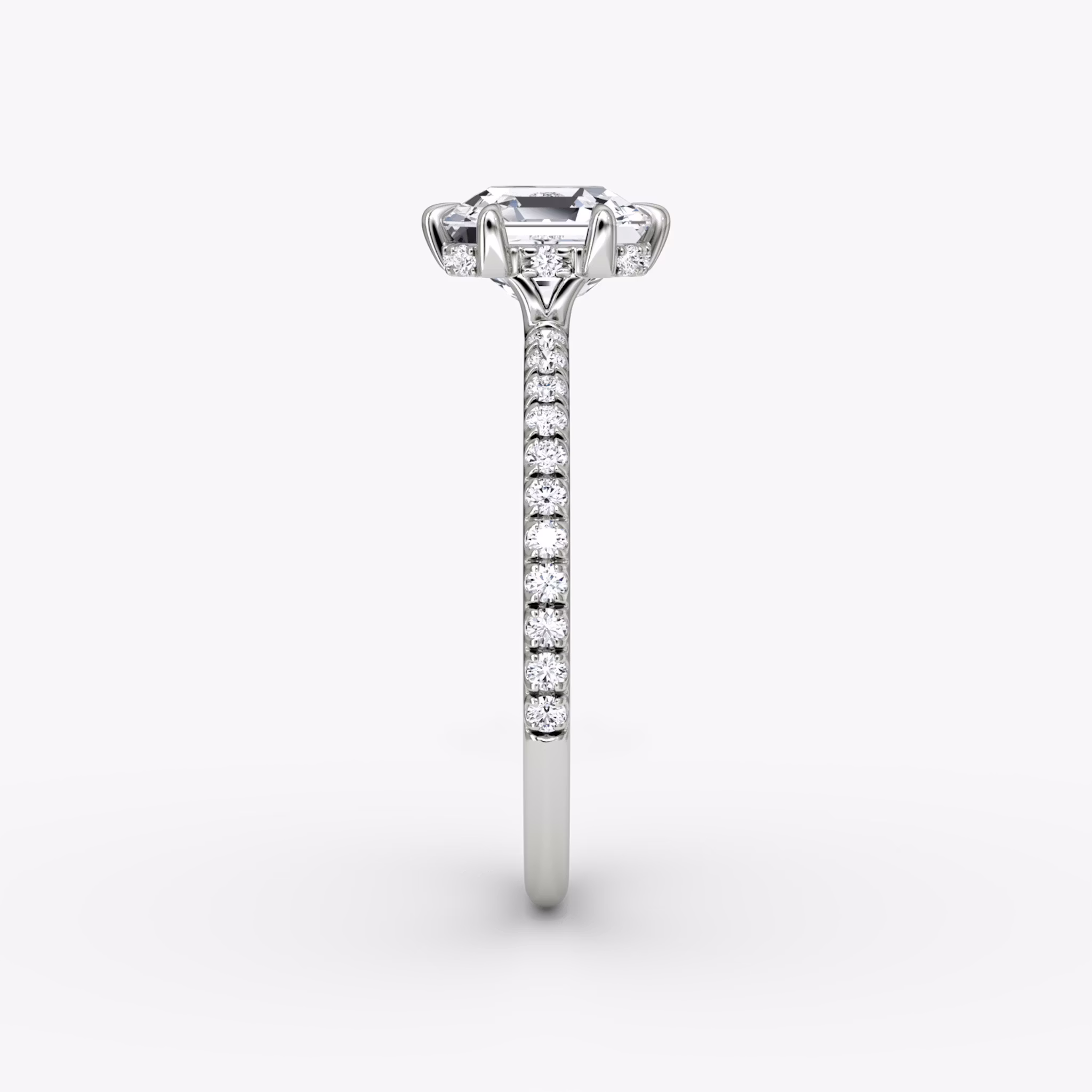 The Signature 6 Prong | Asscher | 18k | White Gold | bandAccent: Pavé | bandWidth: standard | hiddenHalo: yes | diamondOrientation: vertical | caratWeight: other