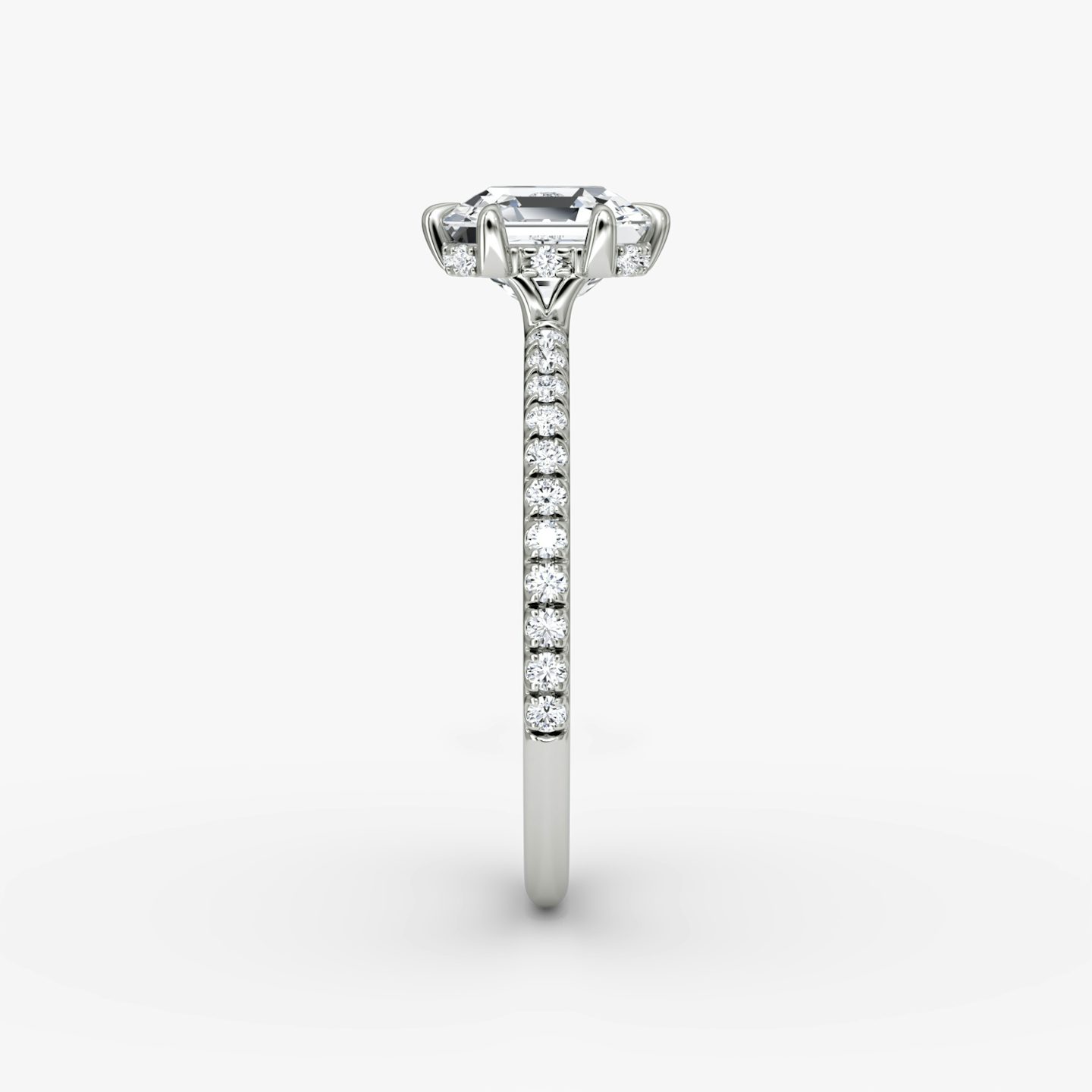 The Signature 6 Prong | Asscher | Platinum | bandAccent: Pavé | bandWidth: standard | hiddenHalo: yes | diamondOrientation: vertical | caratWeight: other