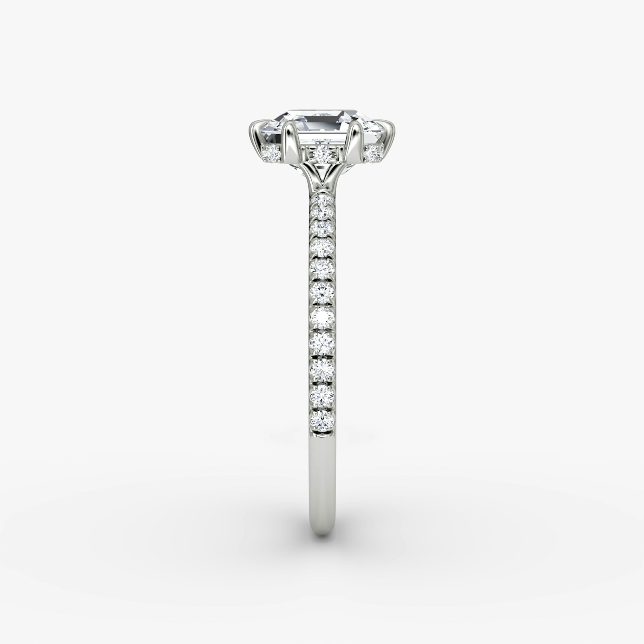 The Signature 6 Prong | Asscher | 18k | White Gold | bandAccent: Pavé | bandWidth: standard | hiddenHalo: yes | diamondOrientation: vertical | caratWeight: other