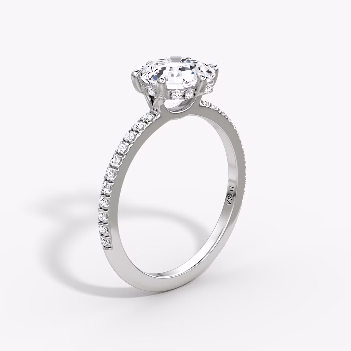 The Signature 6 Prong | Asscher | Platinum | bandAccent: Pavé | bandWidth: standard | hiddenHalo: yes | diamondOrientation: vertical | caratWeight: other
