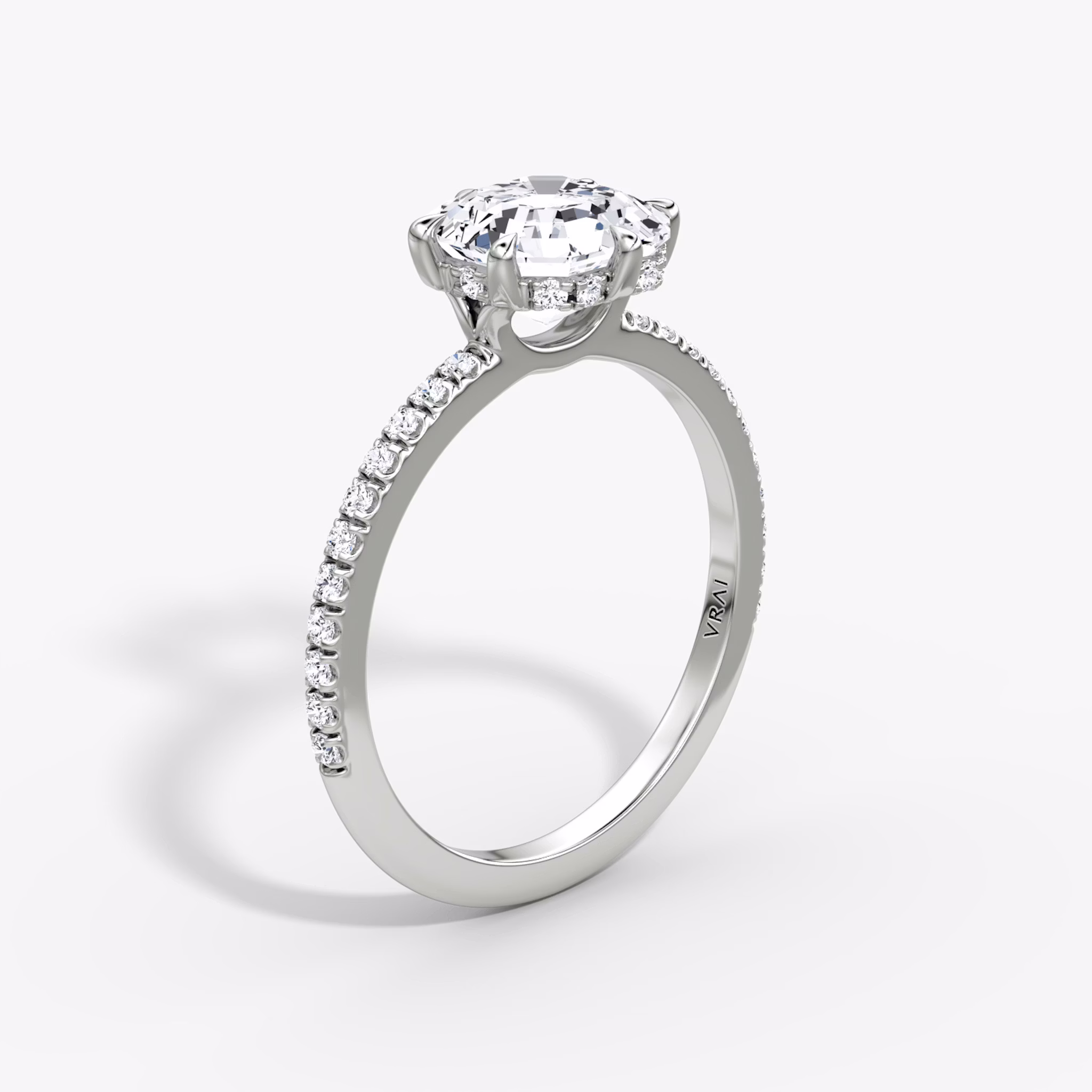 The Signature 6 Prong | Asscher | 18k | White Gold | bandAccent: Pavé | bandWidth: standard | hiddenHalo: yes | diamondOrientation: vertical | caratWeight: other
