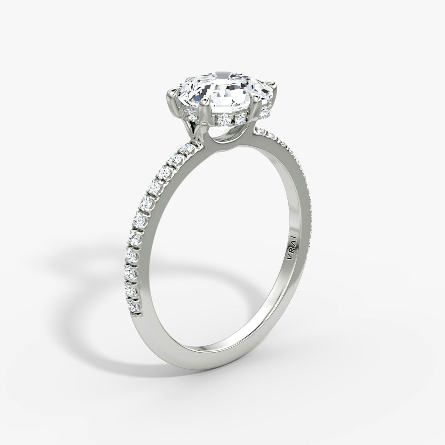 The Signature 6 Prong | Asscher | Platinum | bandAccent: Pavé | bandWidth: standard | hiddenHalo: yes | diamondOrientation: vertical | caratWeight: other