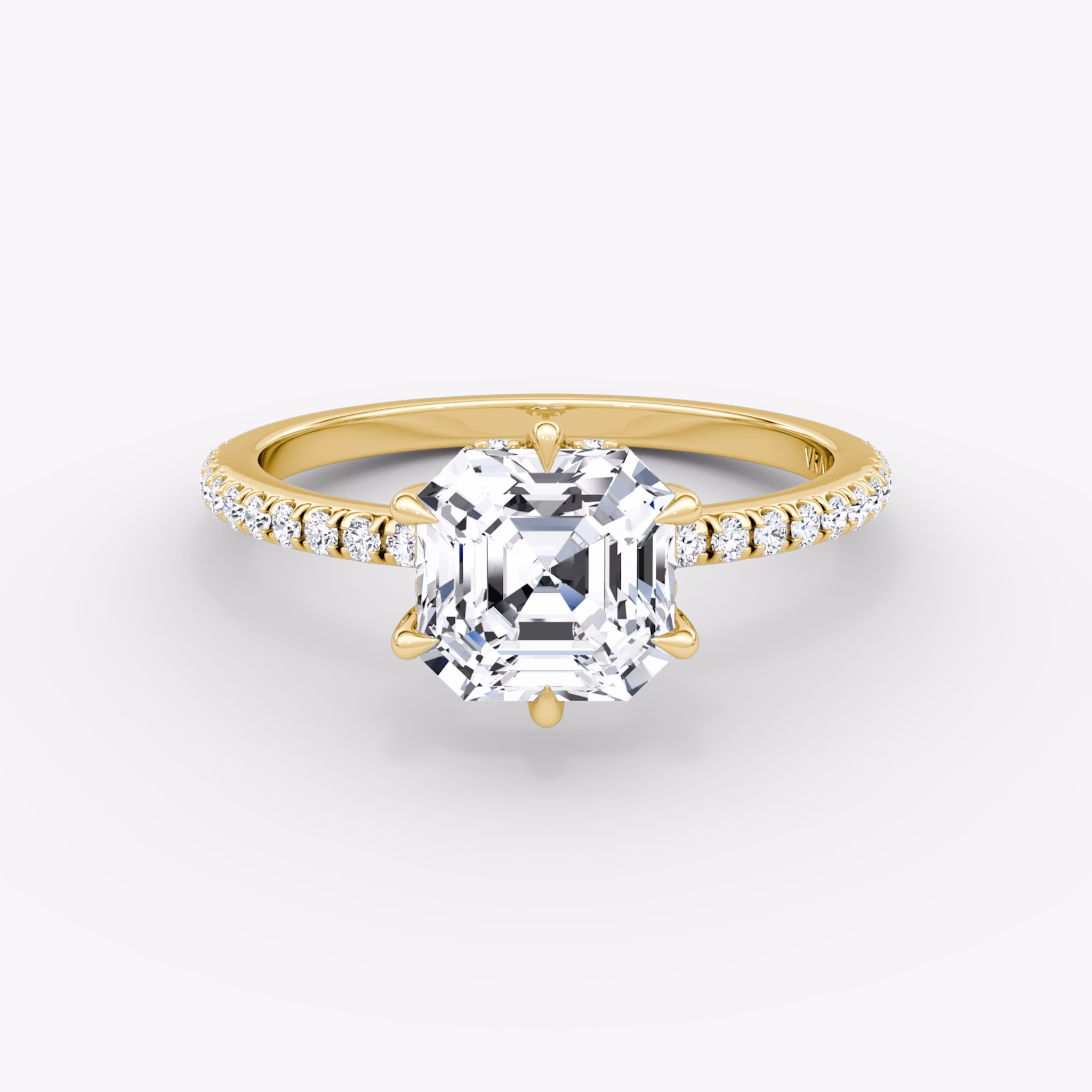 The Signature 6 Prong | Asscher | 18k | Yellow Gold | bandAccent: Pavé | bandWidth: standard | hiddenHalo: yes | diamondOrientation: vertical | caratWeight: other