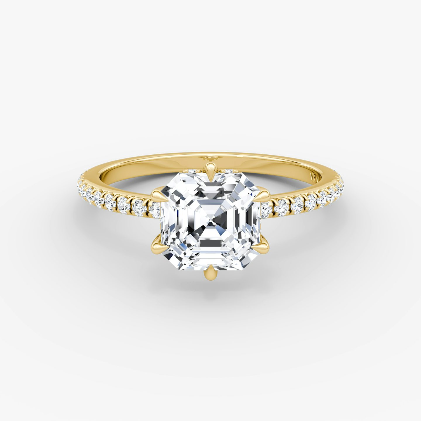 The Signature 6 Prong | Asscher | 18k | Yellow Gold | bandAccent: Pavé | bandWidth: standard | hiddenHalo: yes | diamondOrientation: vertical | caratWeight: other