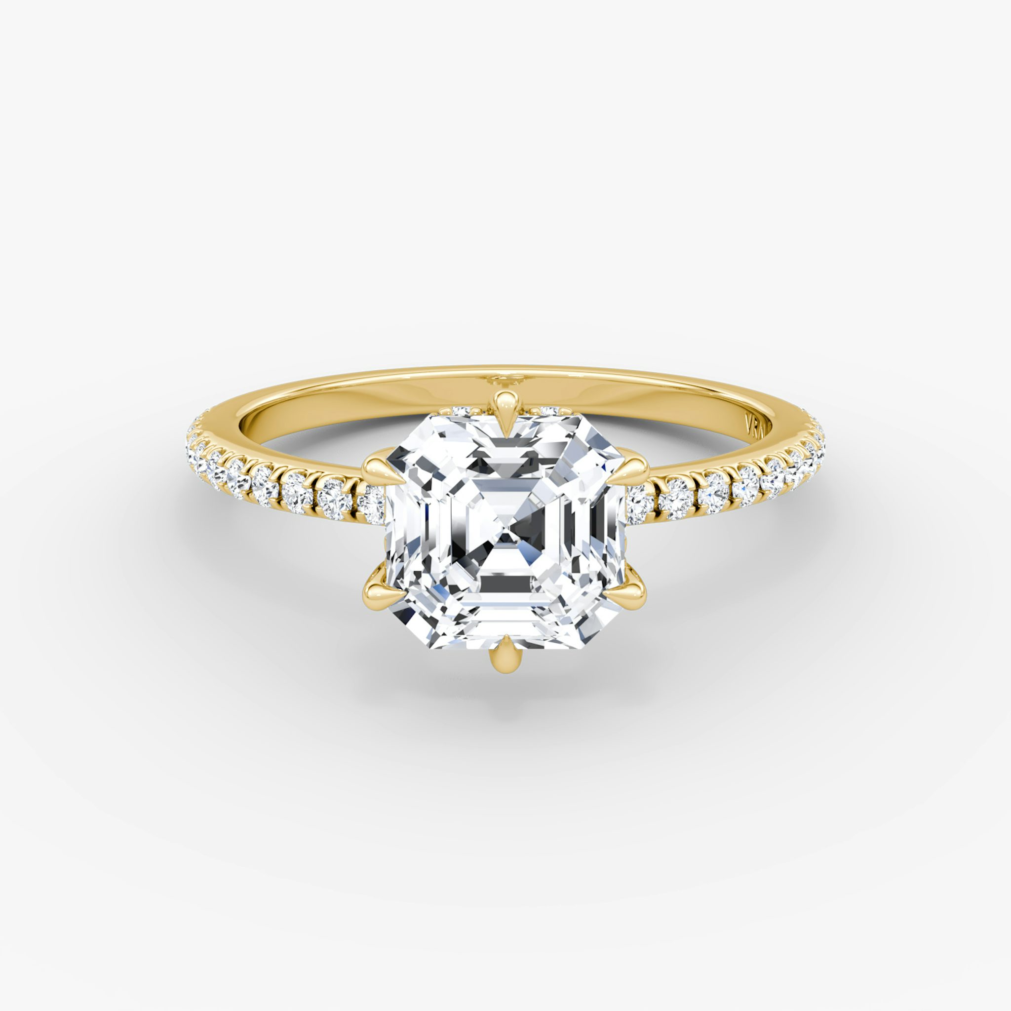 The Signature 6 Prong | Asscher | 18k | Yellow Gold | bandAccent: Pavé | bandWidth: standard | hiddenHalo: yes | diamondOrientation: vertical | caratWeight: other