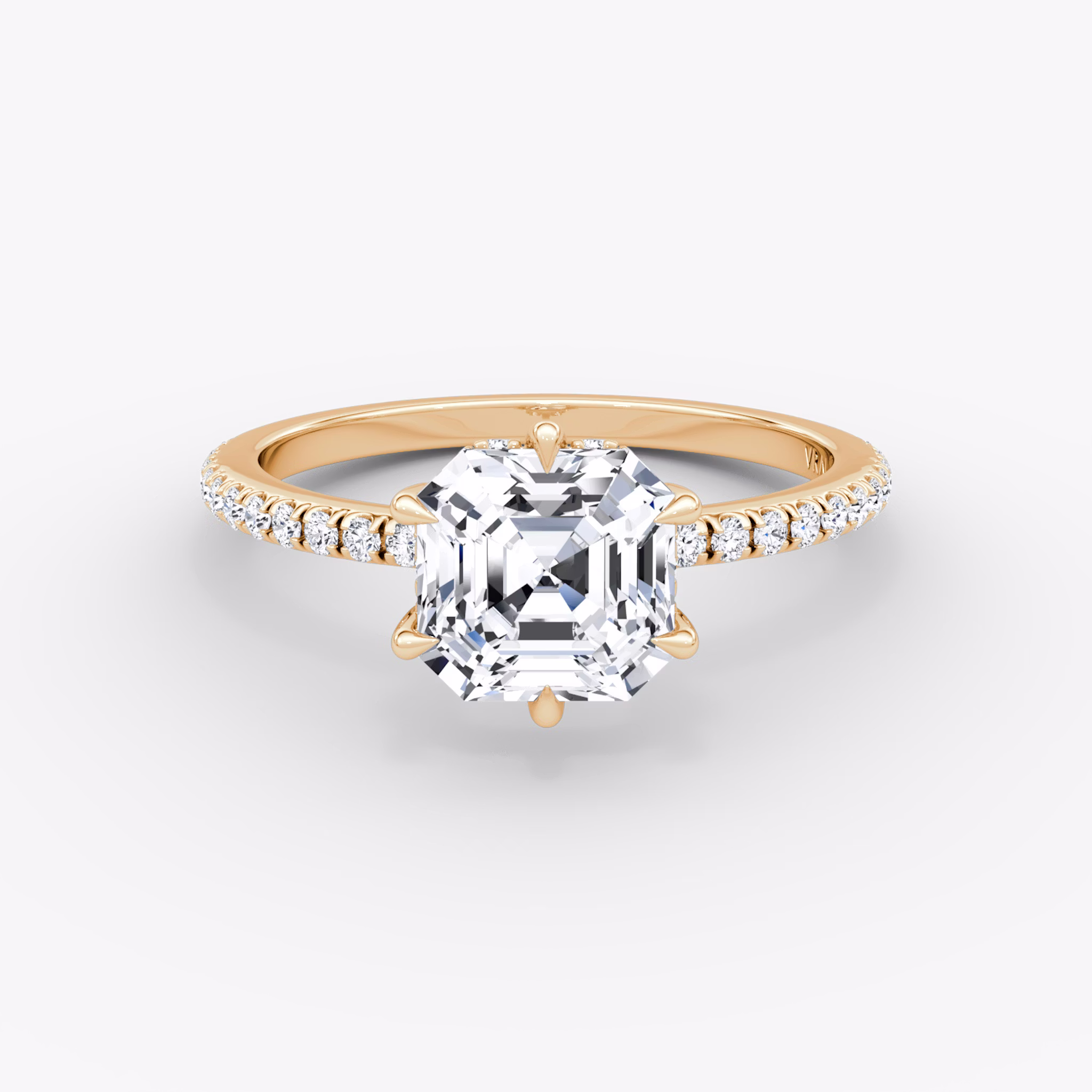 The Signature 6 Prong | Asscher | 14k | Rose Gold | bandAccent: Pavé | bandWidth: standard | hiddenHalo: yes | diamondOrientation: vertical | caratWeight: other