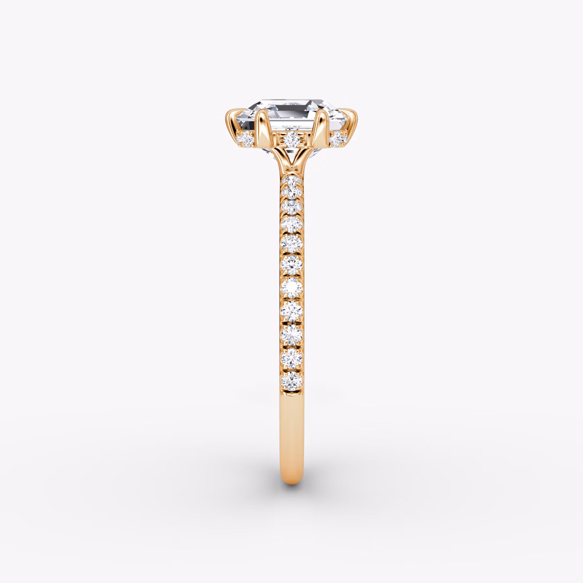 The Signature 6 Prong | Asscher | 14k | Rose Gold | bandAccent: Pavé | bandWidth: standard | hiddenHalo: yes | diamondOrientation: vertical | caratWeight: other