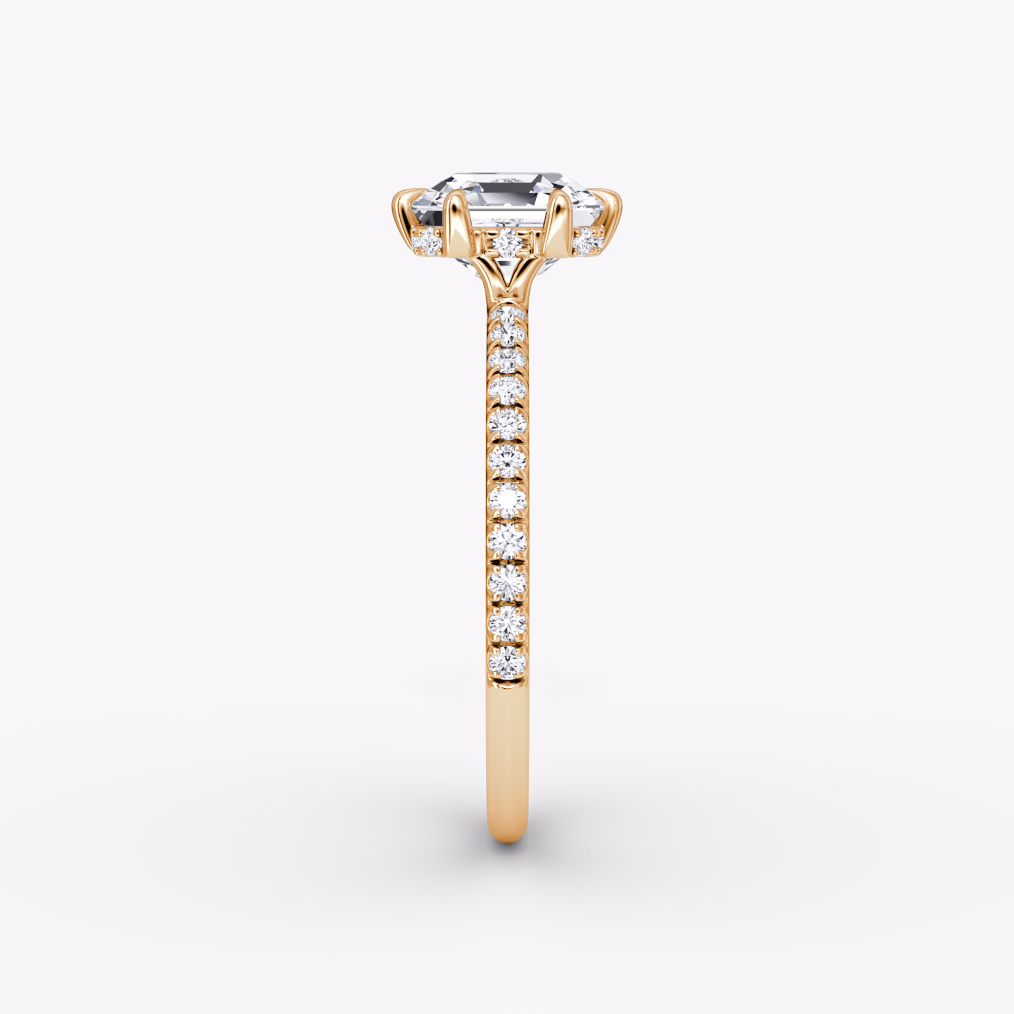 The Signature 6 Prong | Asscher | 14k | Rose Gold | bandAccent: Pavé | bandWidth: standard | hiddenHalo: yes | diamondOrientation: vertical | caratWeight: other