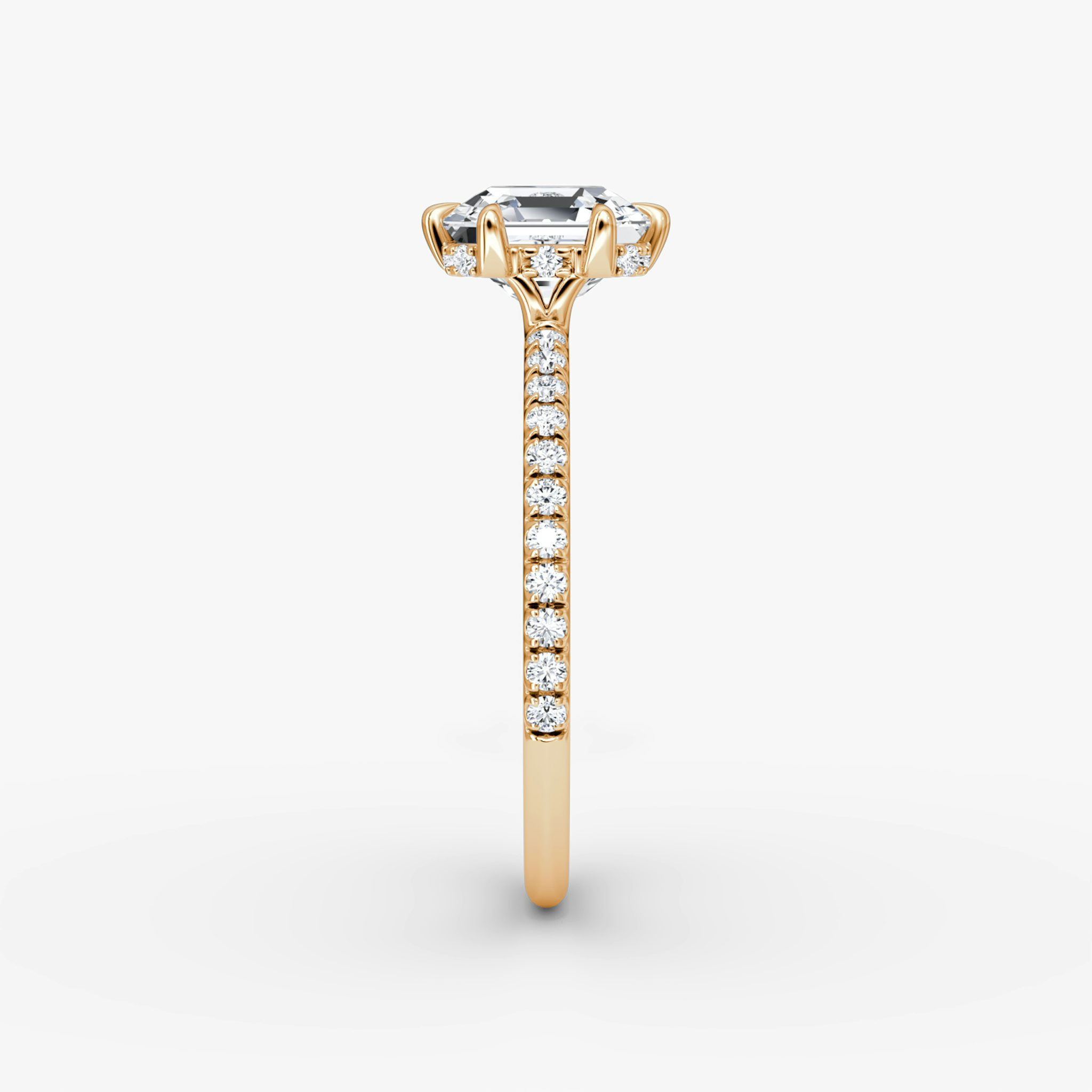 The Signature 6 Prong | Asscher | 14k | Rose Gold | bandAccent: Pavé | bandWidth: standard | hiddenHalo: yes | diamondOrientation: vertical | caratWeight: other