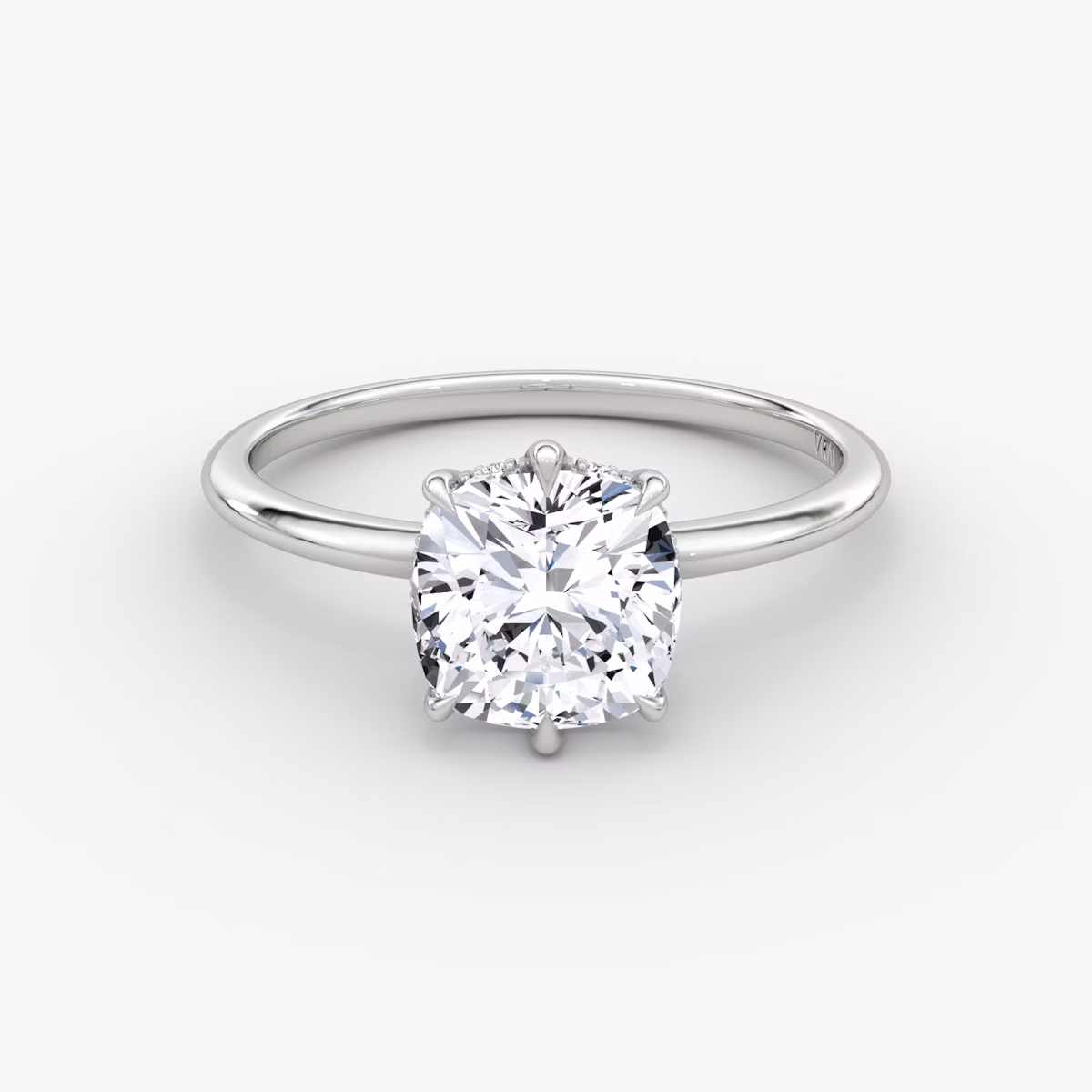 The Signature 6 Prong | Cushion | 18k | White Gold | bandAccent: Plain | bandWidth: standard | hiddenHalo: yes | diamondOrientation: vertical | caratWeight: other