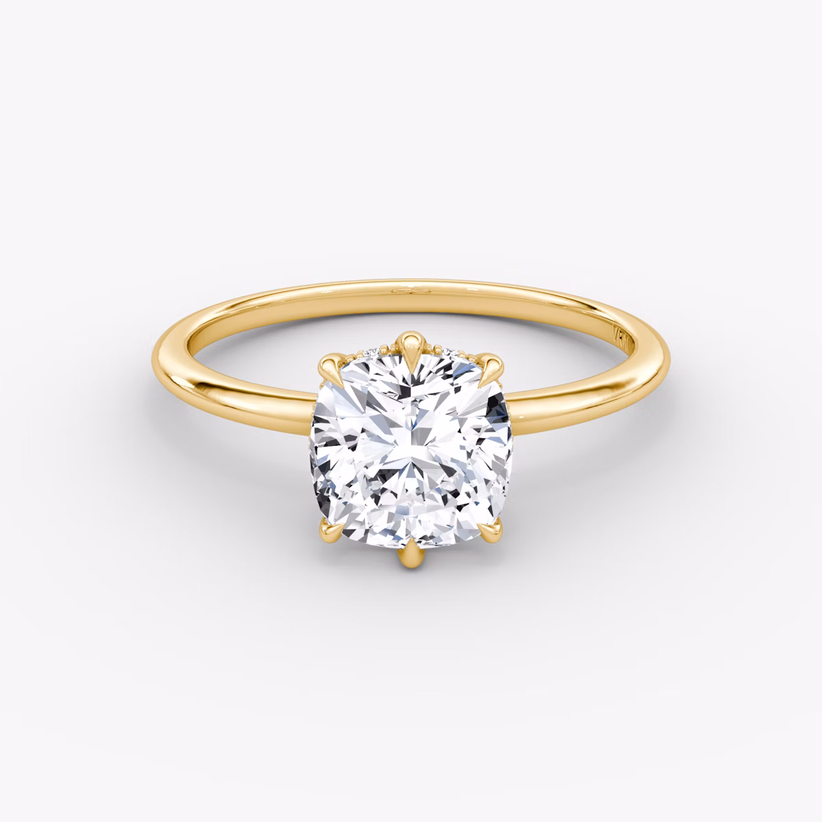 The Signature 6 Prong | Cushion | 18k | Yellow Gold | bandAccent: Plain | bandWidth: standard | hiddenHalo: yes | diamondOrientation: vertical | caratWeight: other