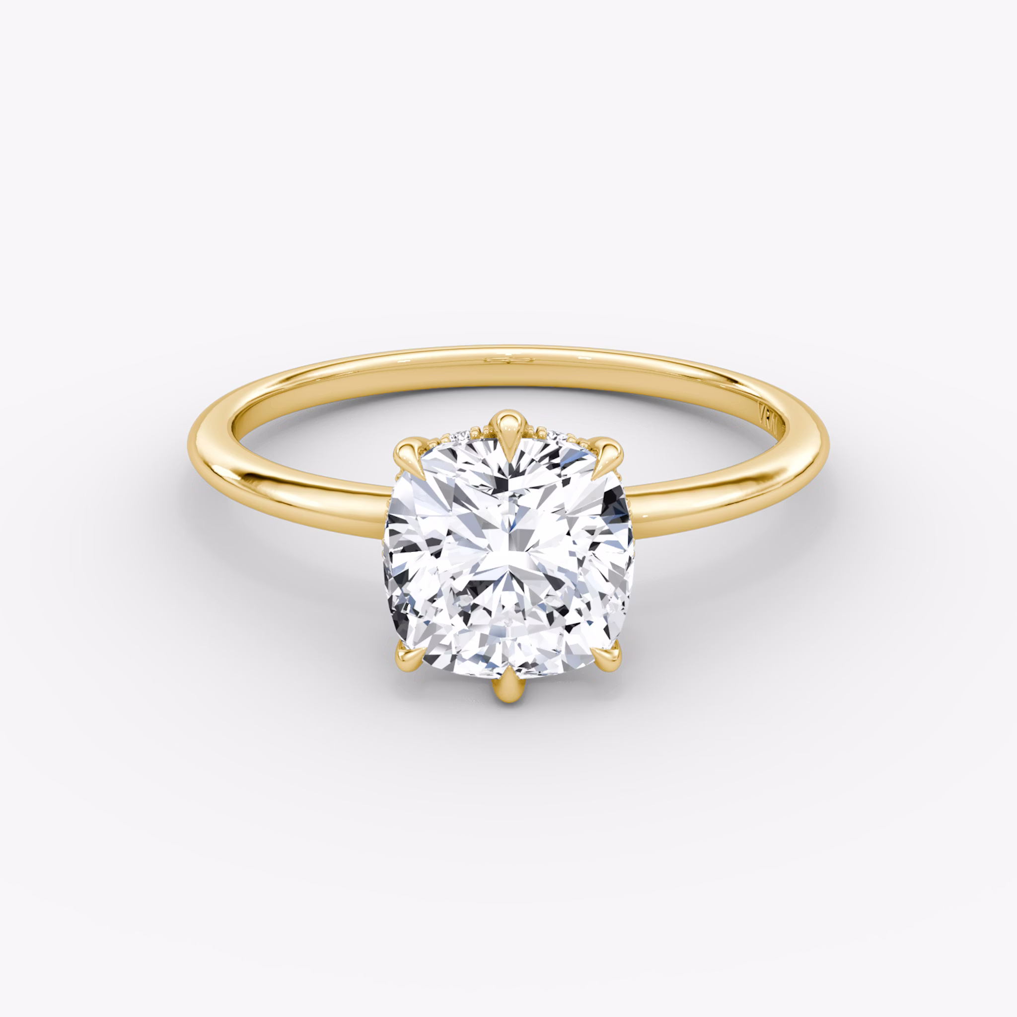 The Signature 6 Prong | Cushion | 18k | Yellow Gold | bandAccent: Plain | bandWidth: standard | hiddenHalo: yes | diamondOrientation: vertical | caratWeight: other